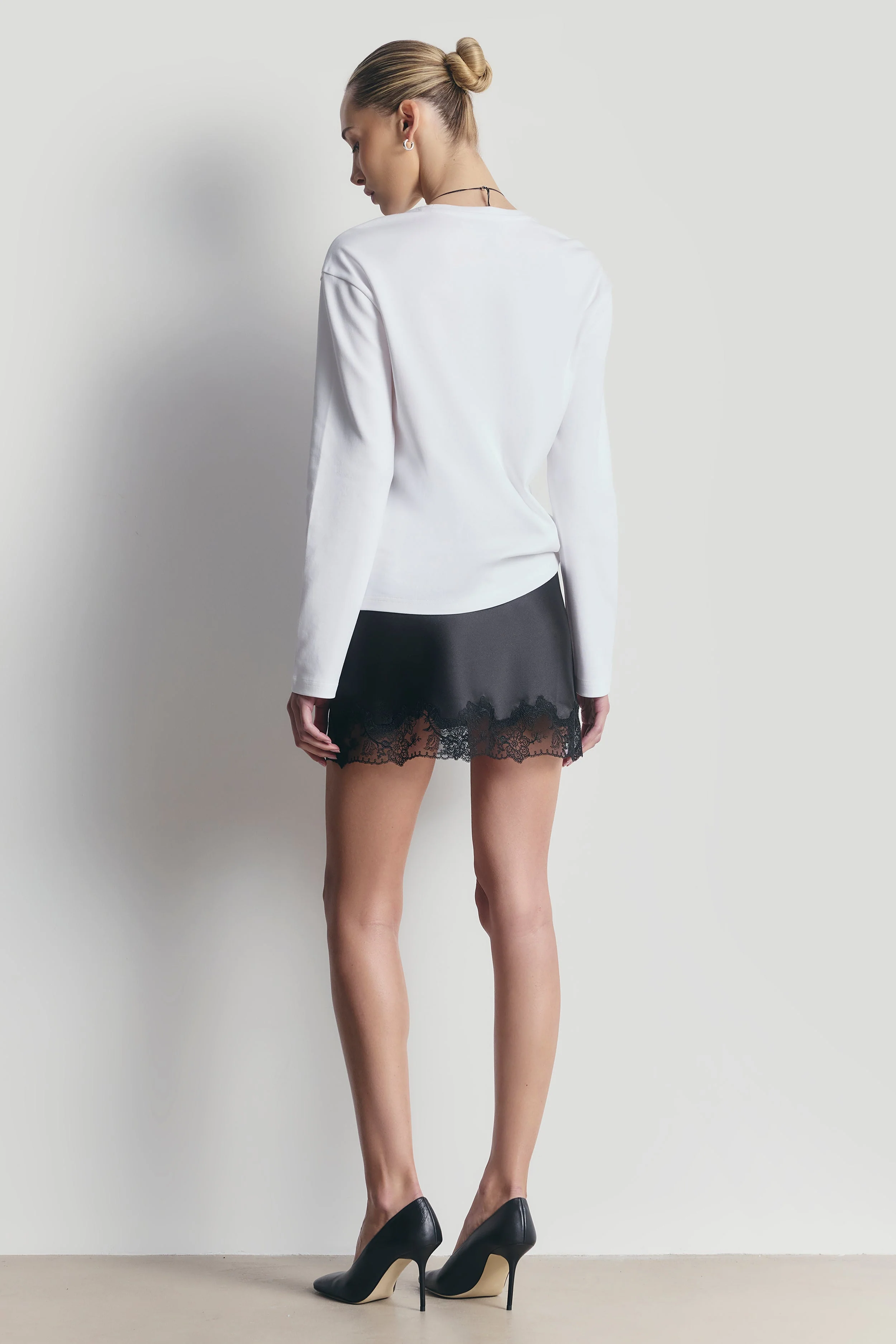 Satin Lace Detail Mini Skirt - Black - Image 6