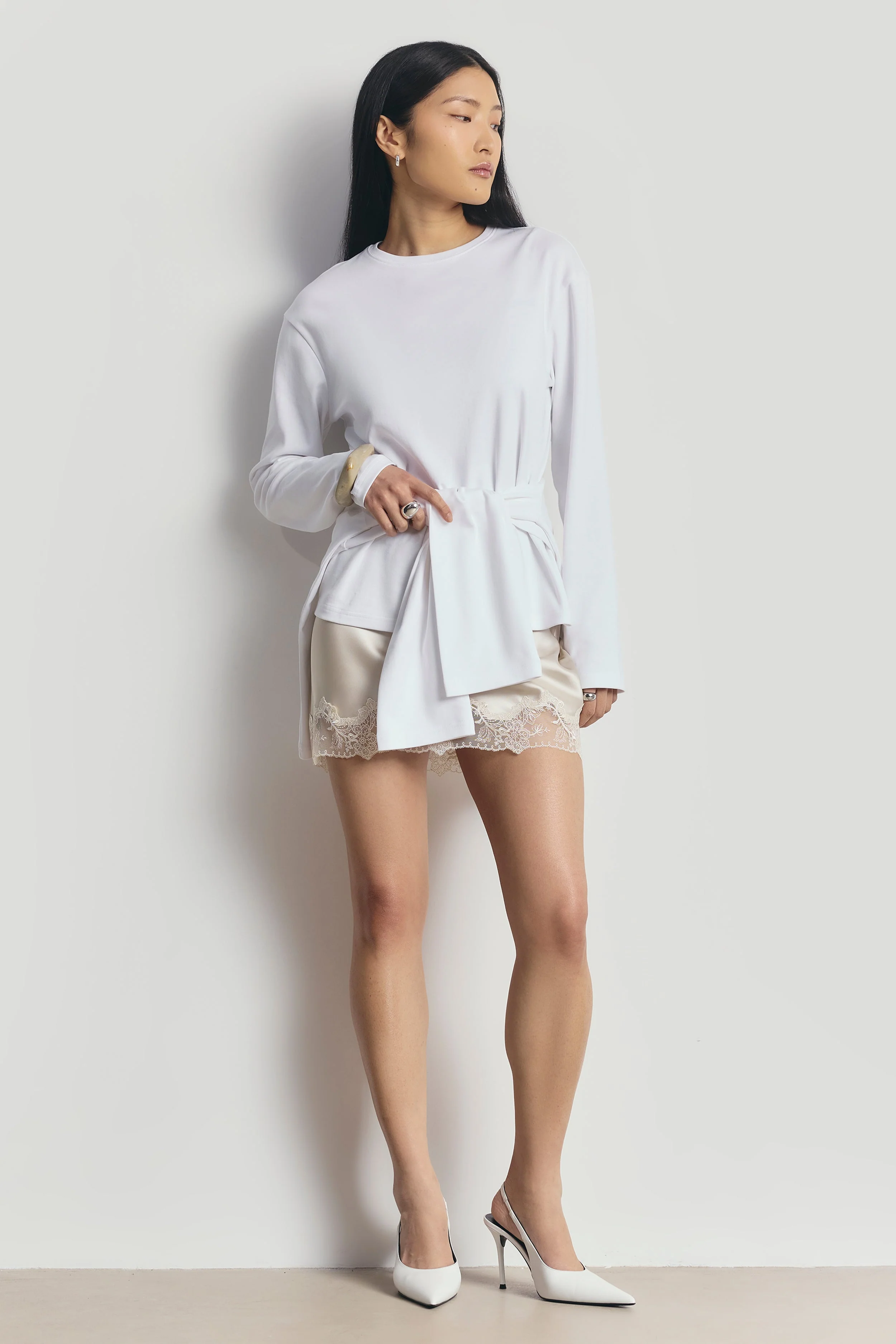 Satin Lace Detail Mini Skirt - Champagne - Image 6