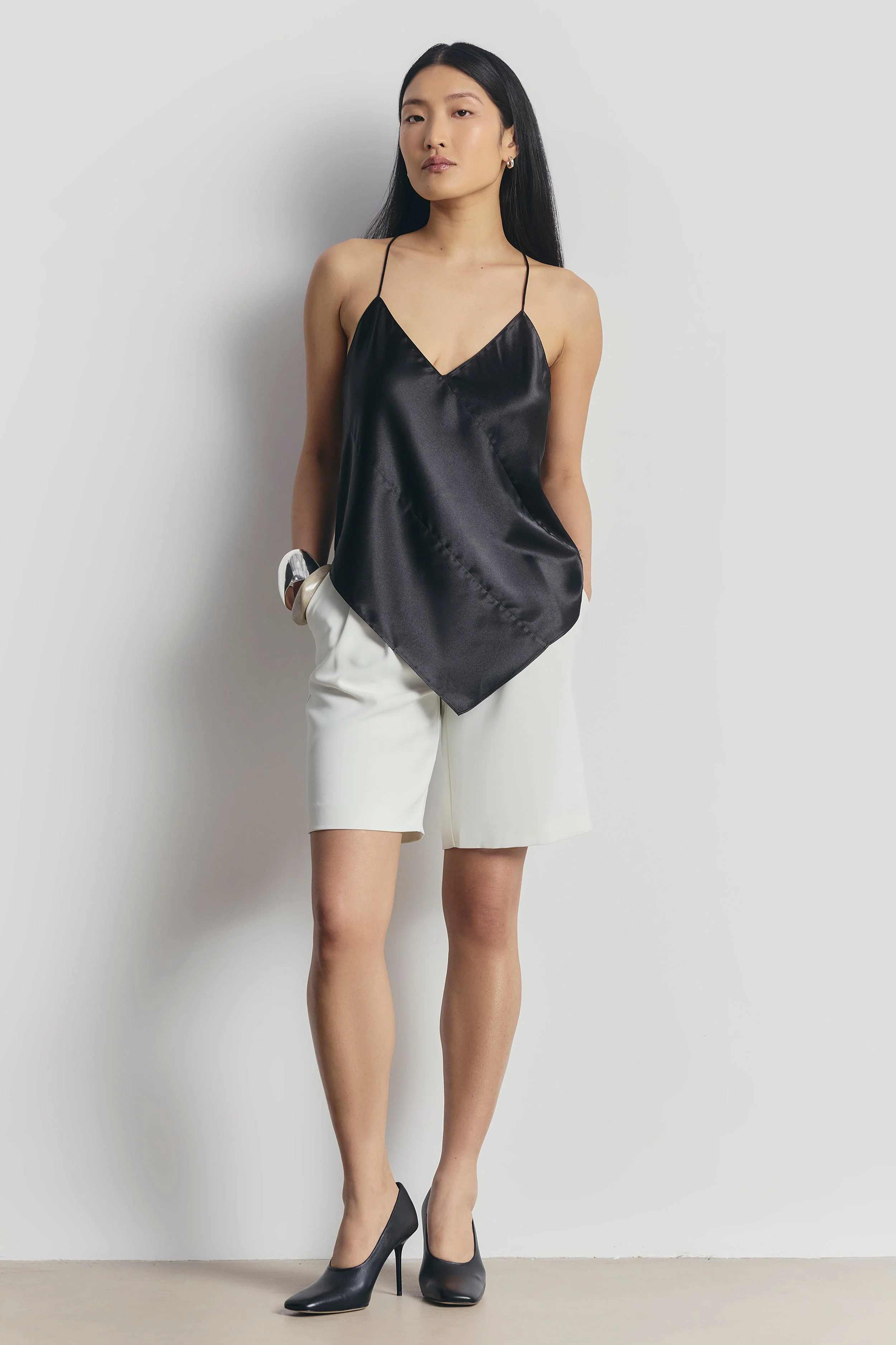 Satin Panel Detail V Neck Camisole - Black - Image 5