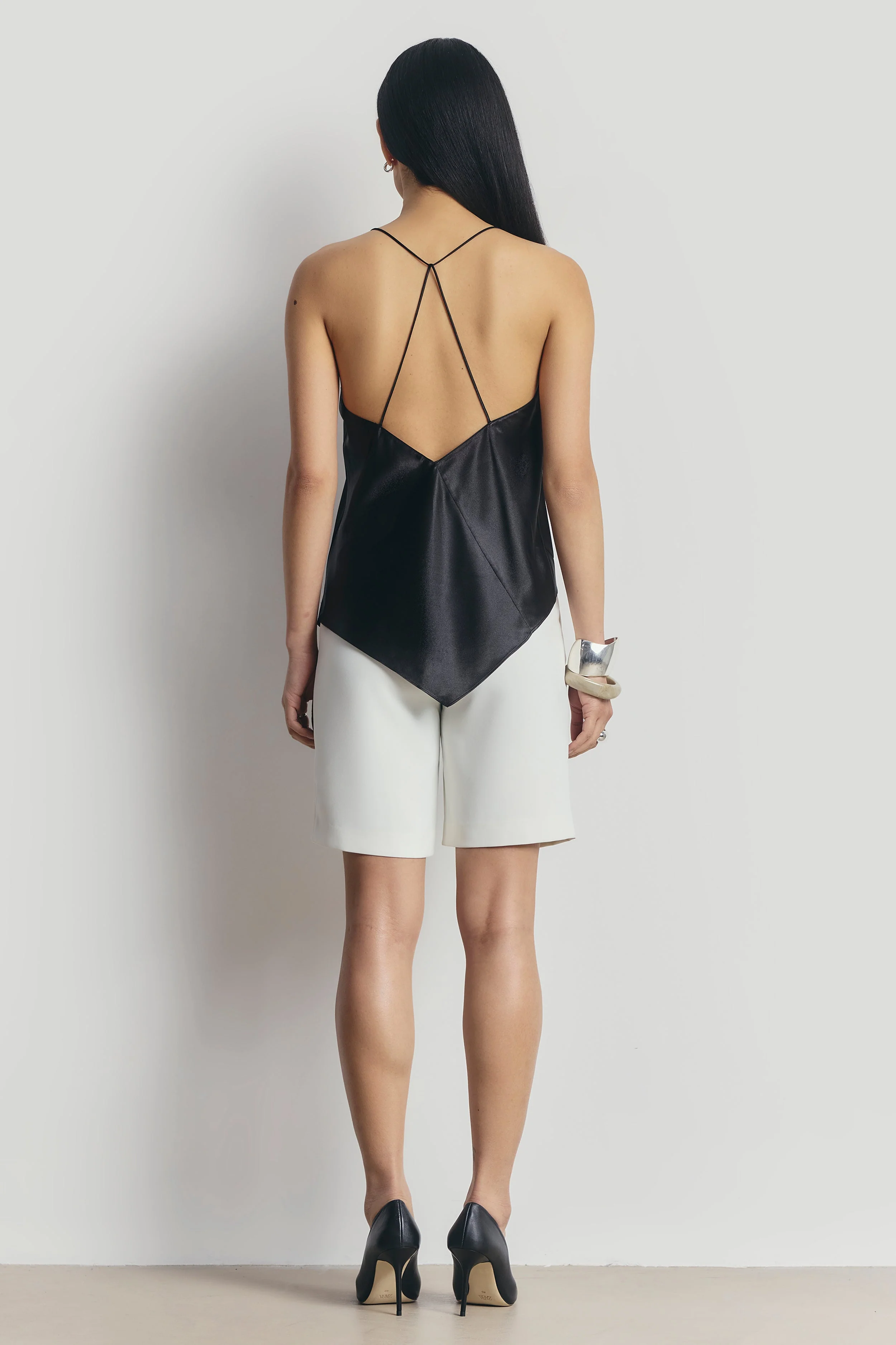 Satin Panel Detail V Neck Camisole - Black - Image 6