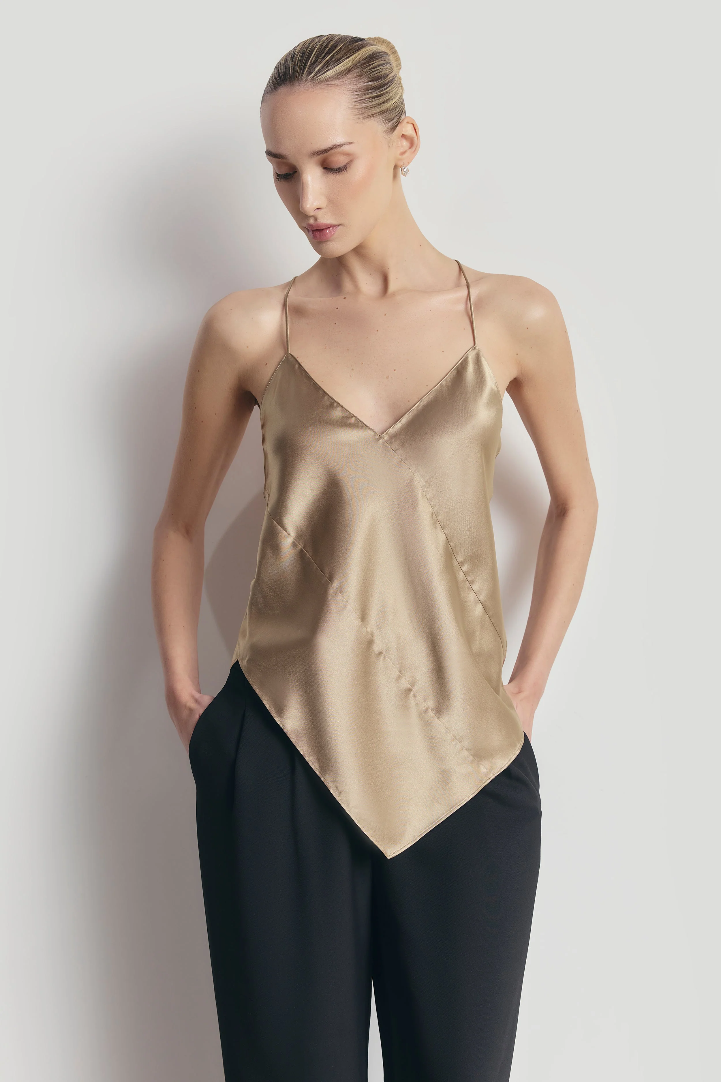 Satin Panel Detail V Neck Camisole - Bronze - Image 4
