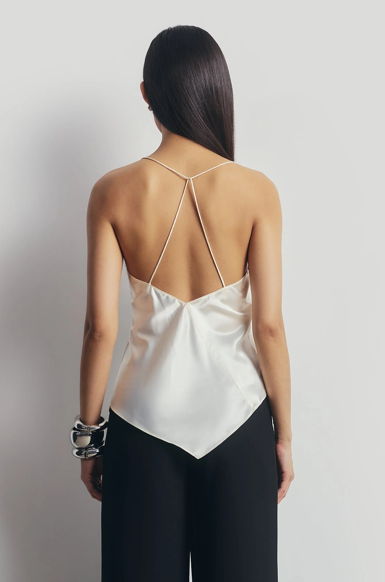 Satin Panel Detail V Neck Camisole - Cream - Image 4