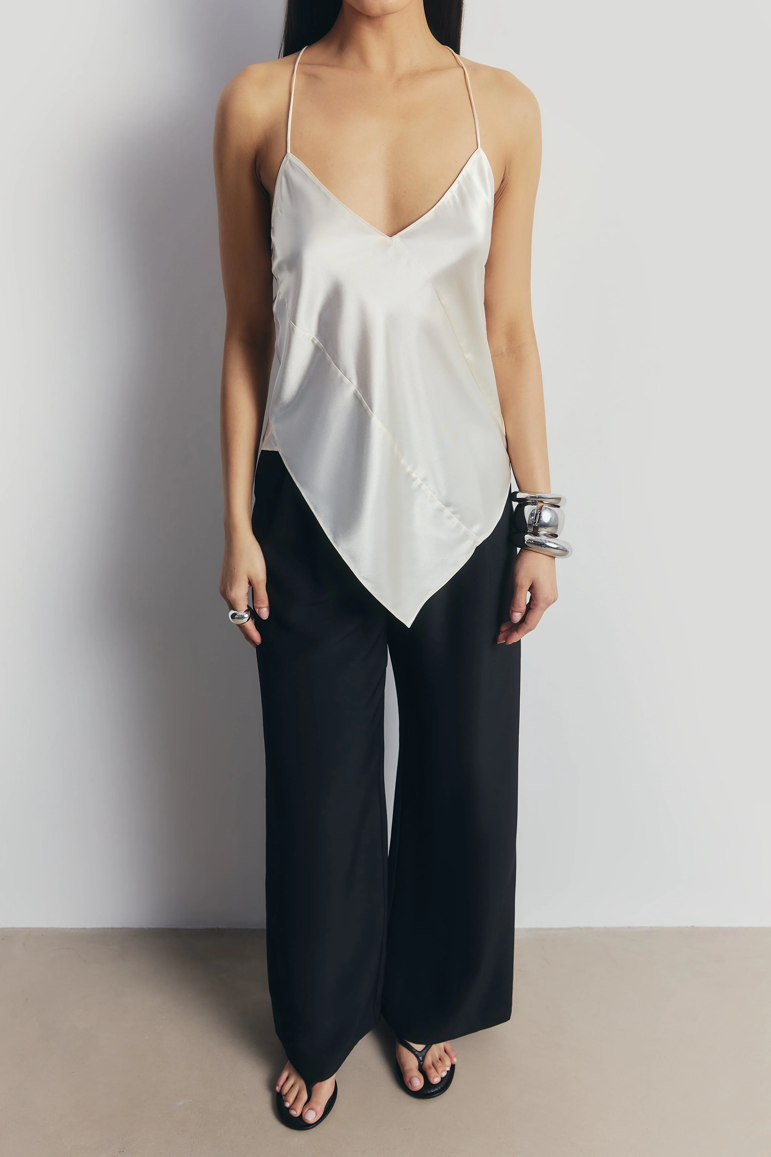 Satin Panel Detail V Neck Camisole - Cream - Image 5