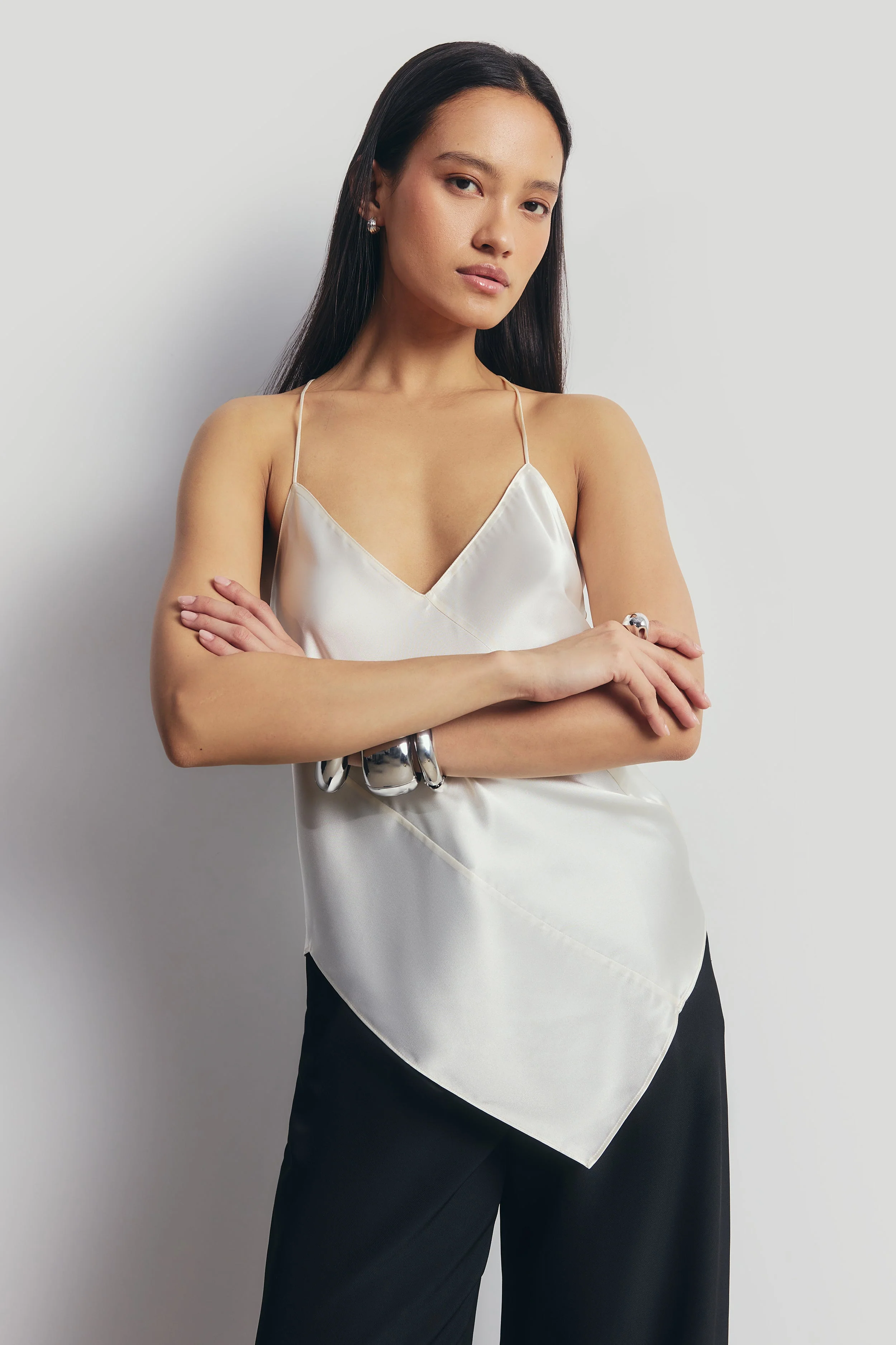 Satin Panel Detail V Neck Camisole - Cream - Image 6