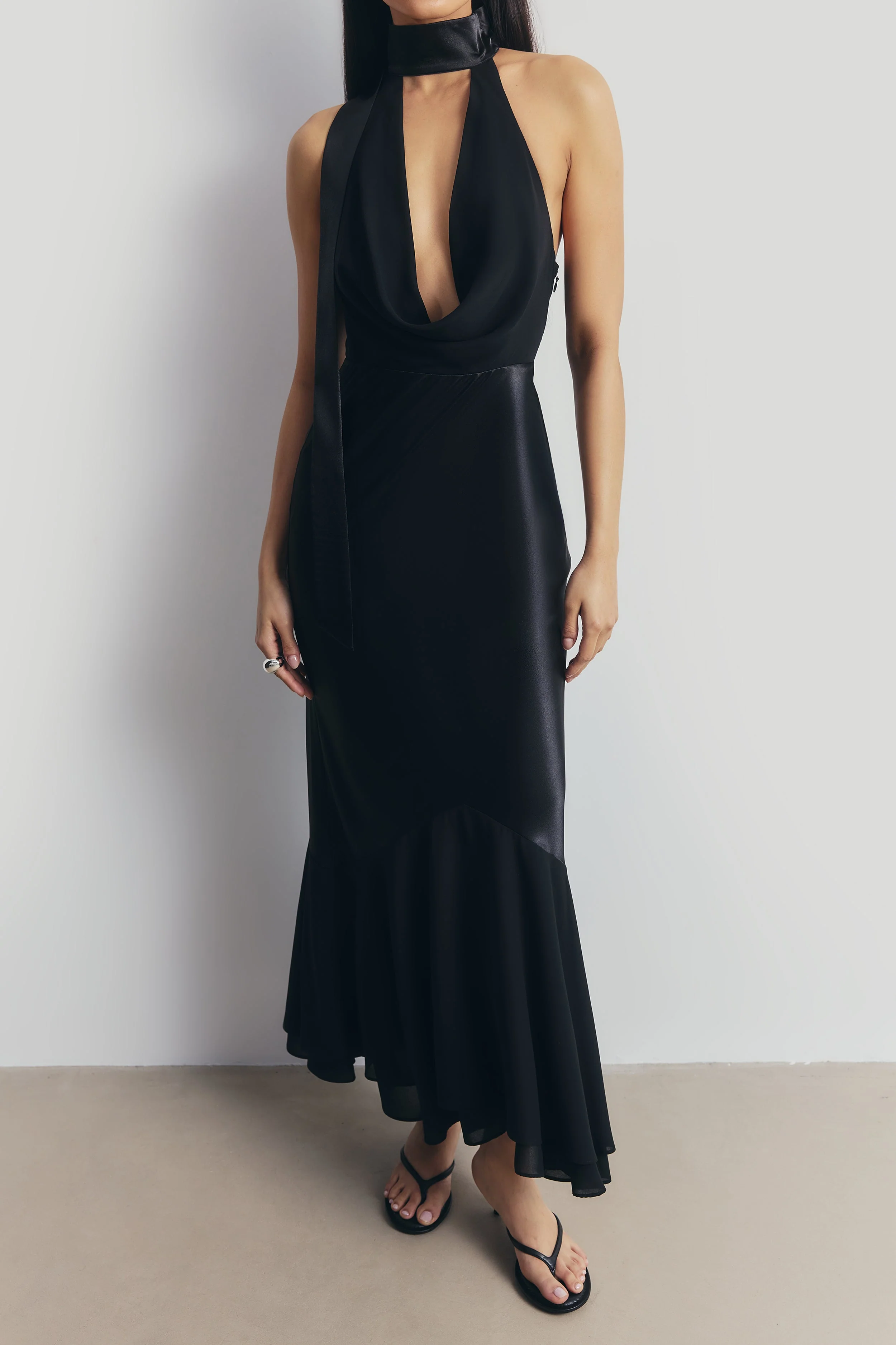 Satin Panel Scarf Detail Midi Dress - Black - Image 5