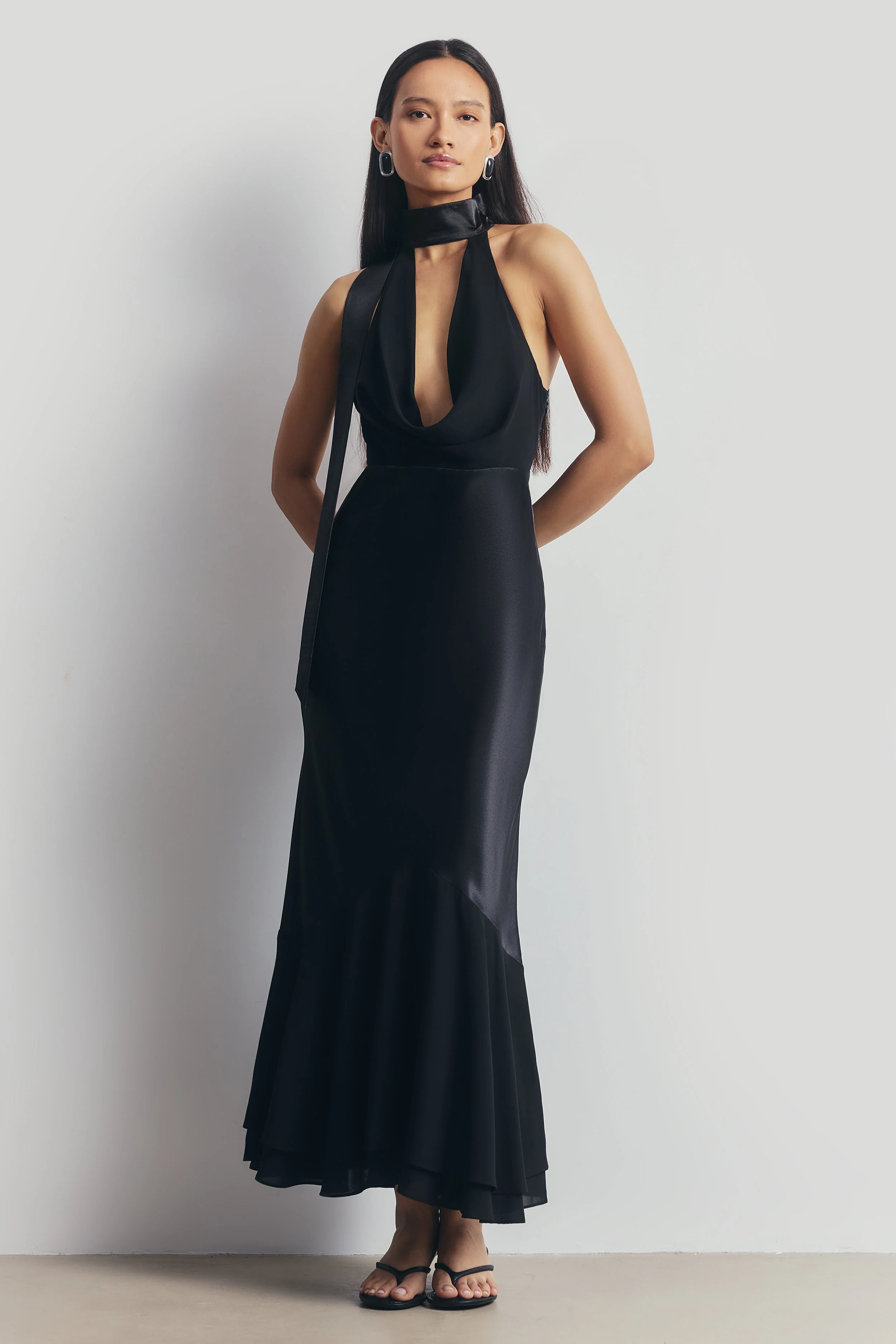 Satin Panel Scarf Detail Midi Dress - Black - Image 6