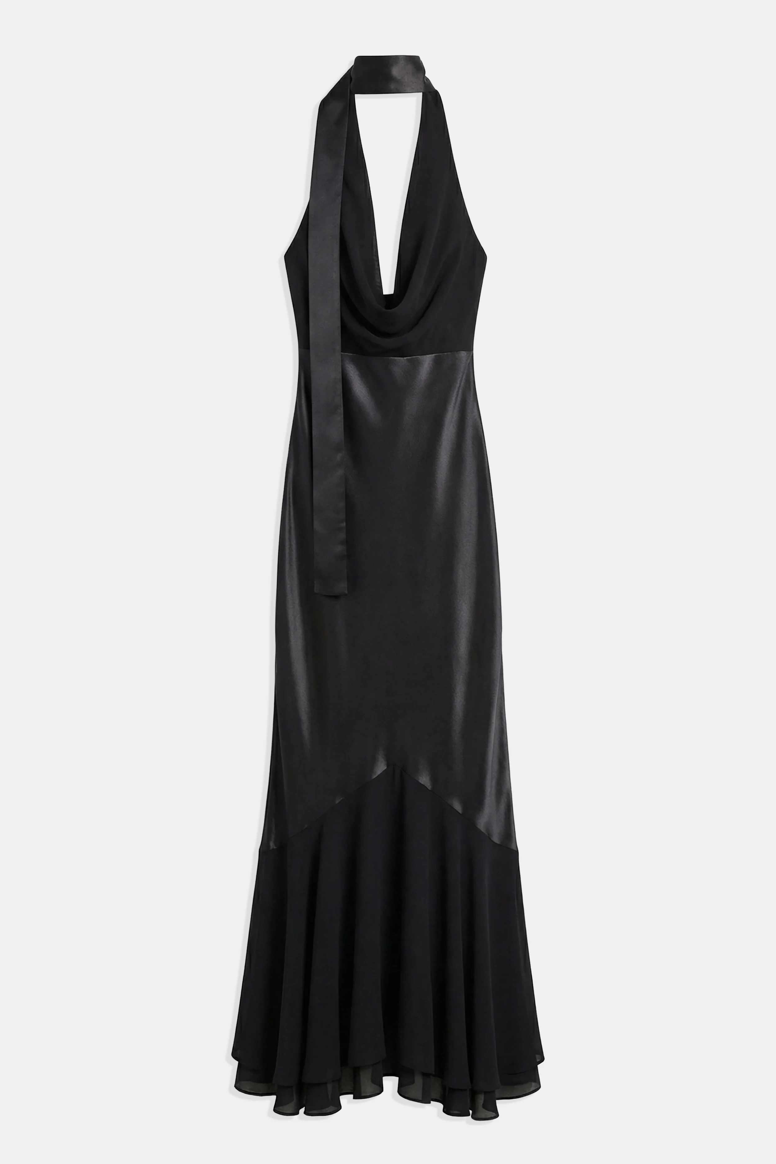 Satin Panel Scarf Detail Midi Dress - Black - Image 7