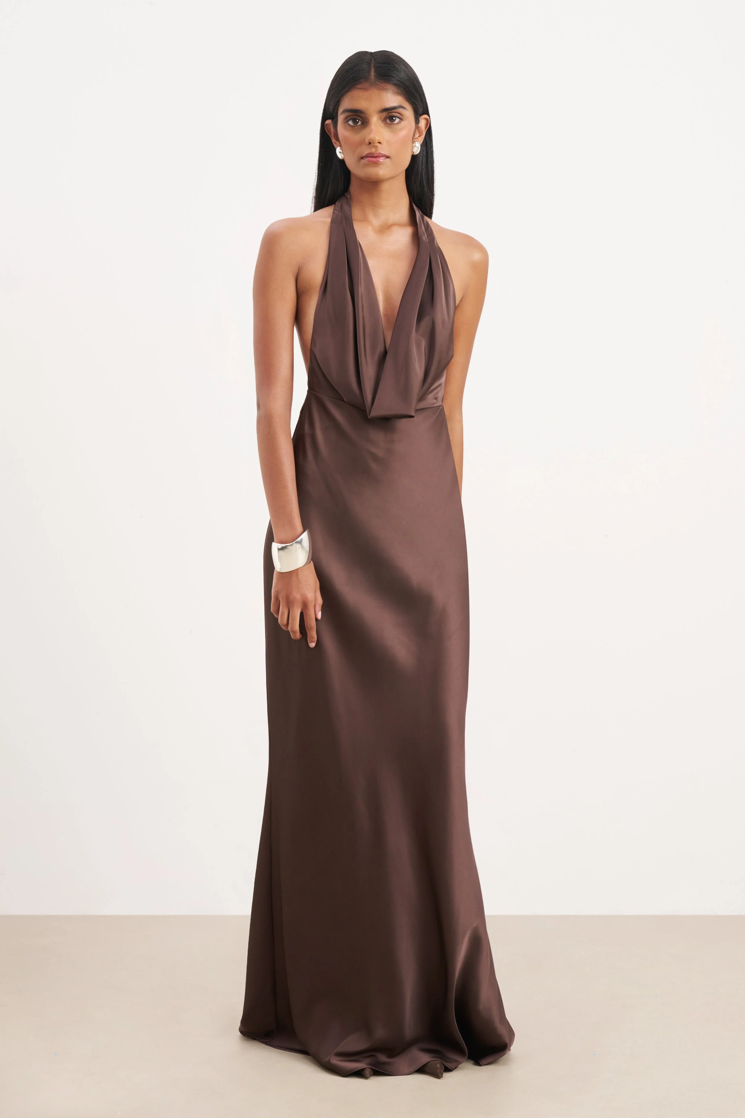 Satin Plunging Cowl Neck Maxi Dress - Carob - Image 3
