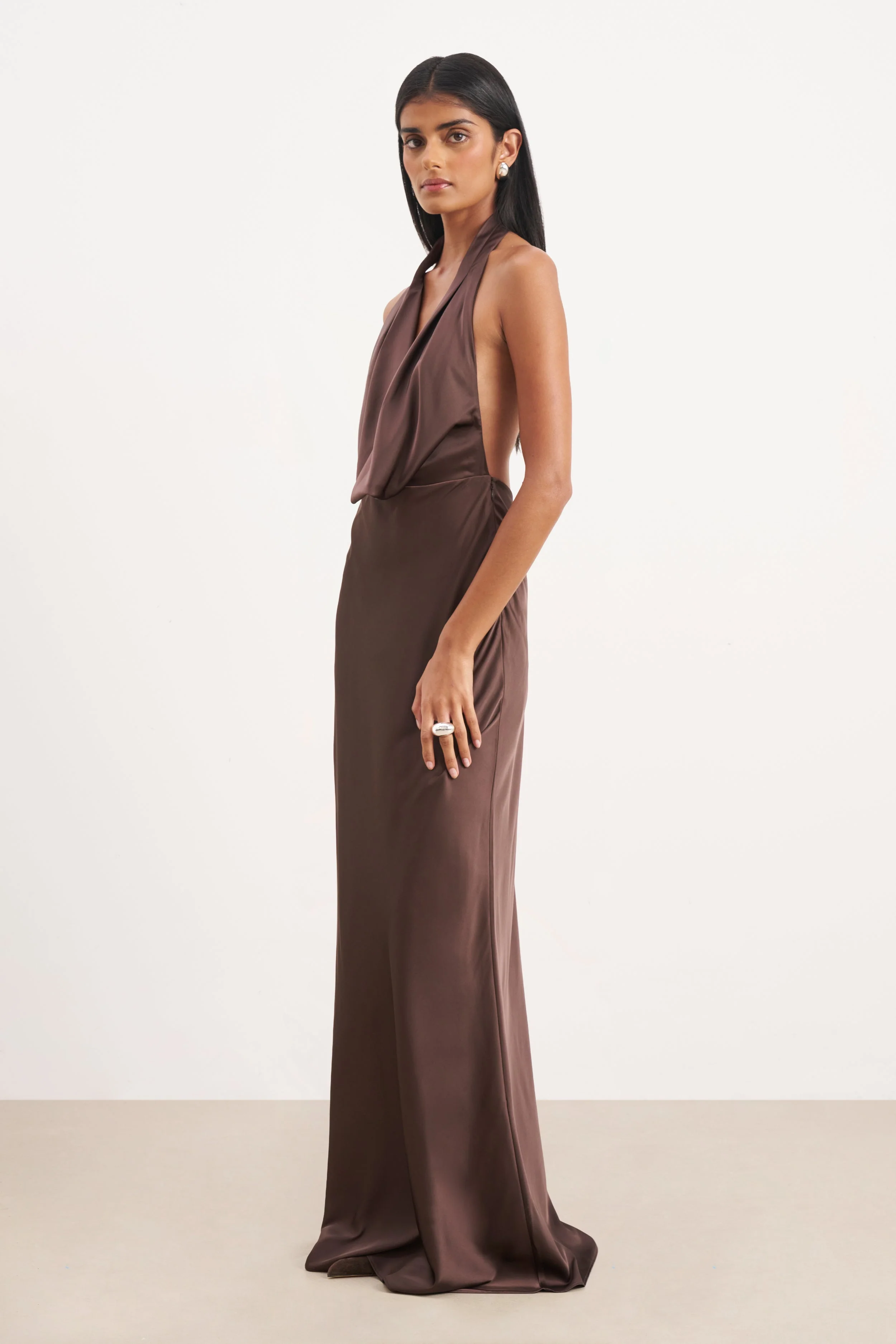 Satin Plunging Cowl Neck Maxi Dress - Carob - Image 6