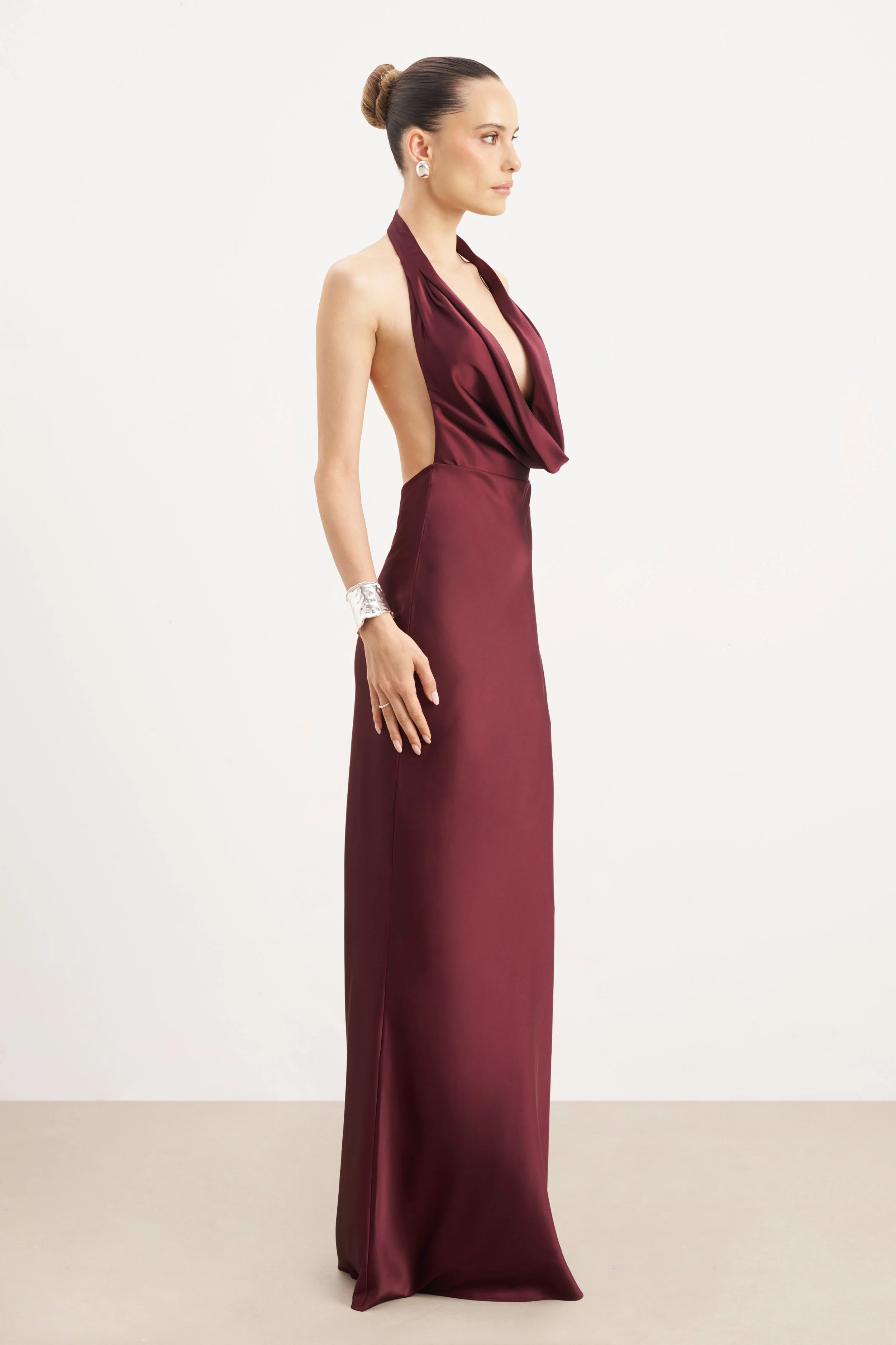 Satin Plunging Cowl Neck Maxi Dress - Mulberry - Image 4