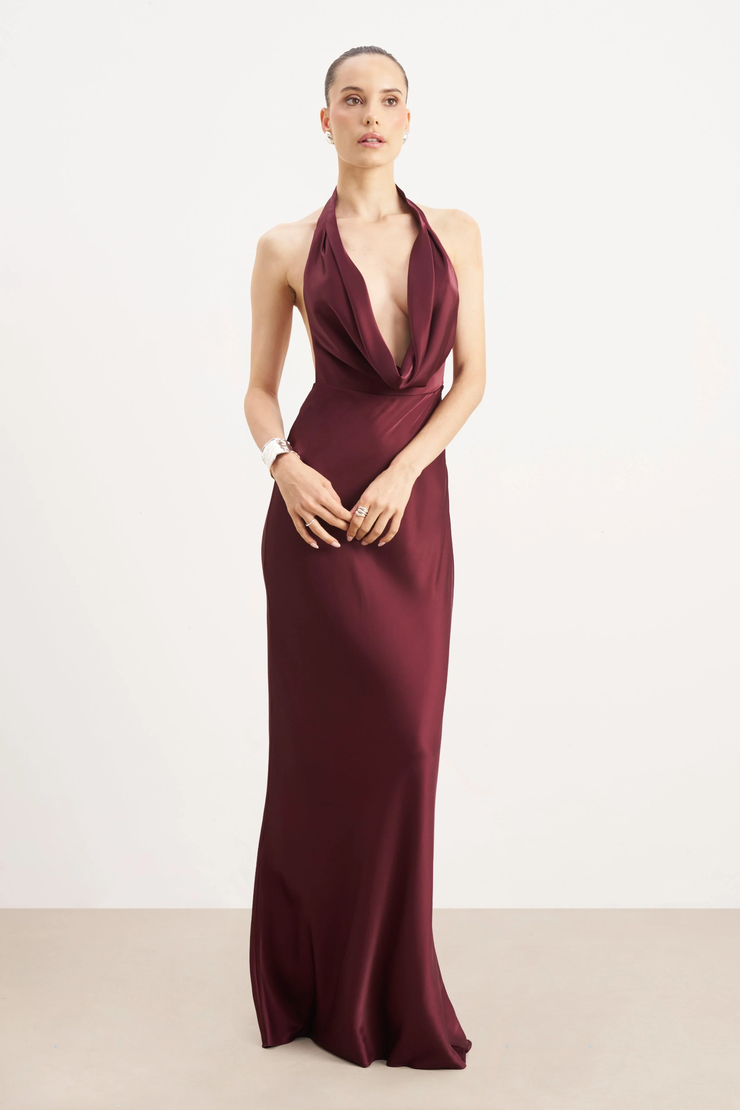 Satin Plunging Cowl Neck Maxi Dress - Mulberry - Image 6