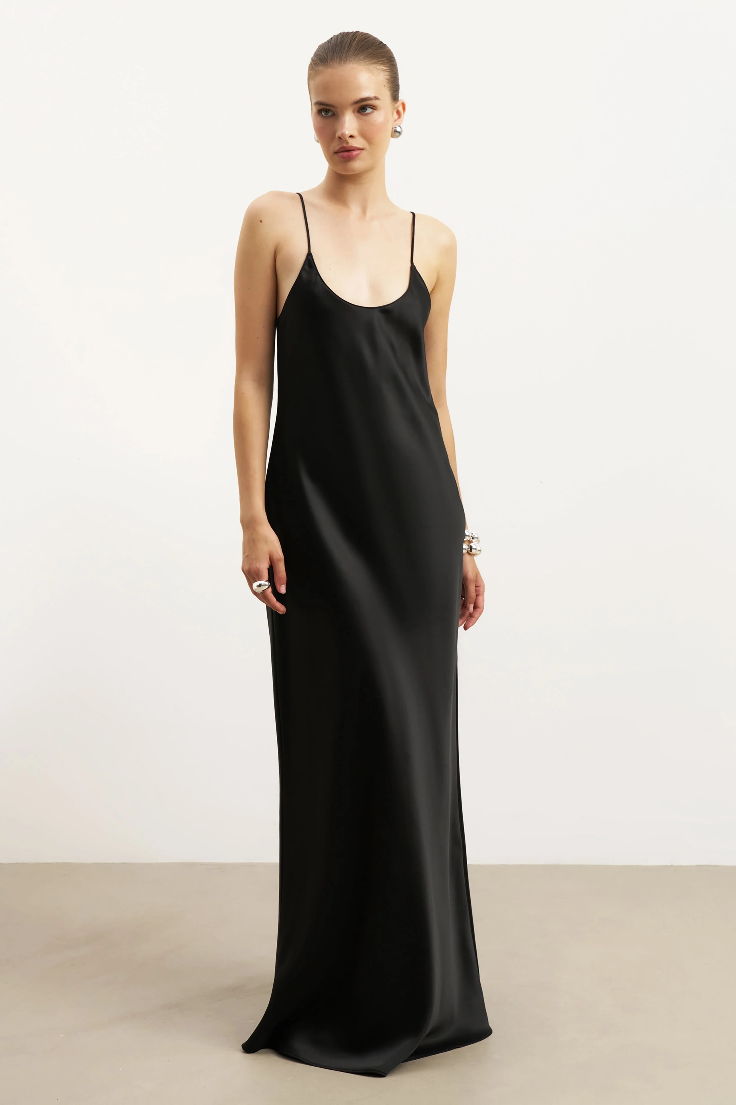 Satin Scoop Neck Camisole Maxi Dress - Black - Image 3