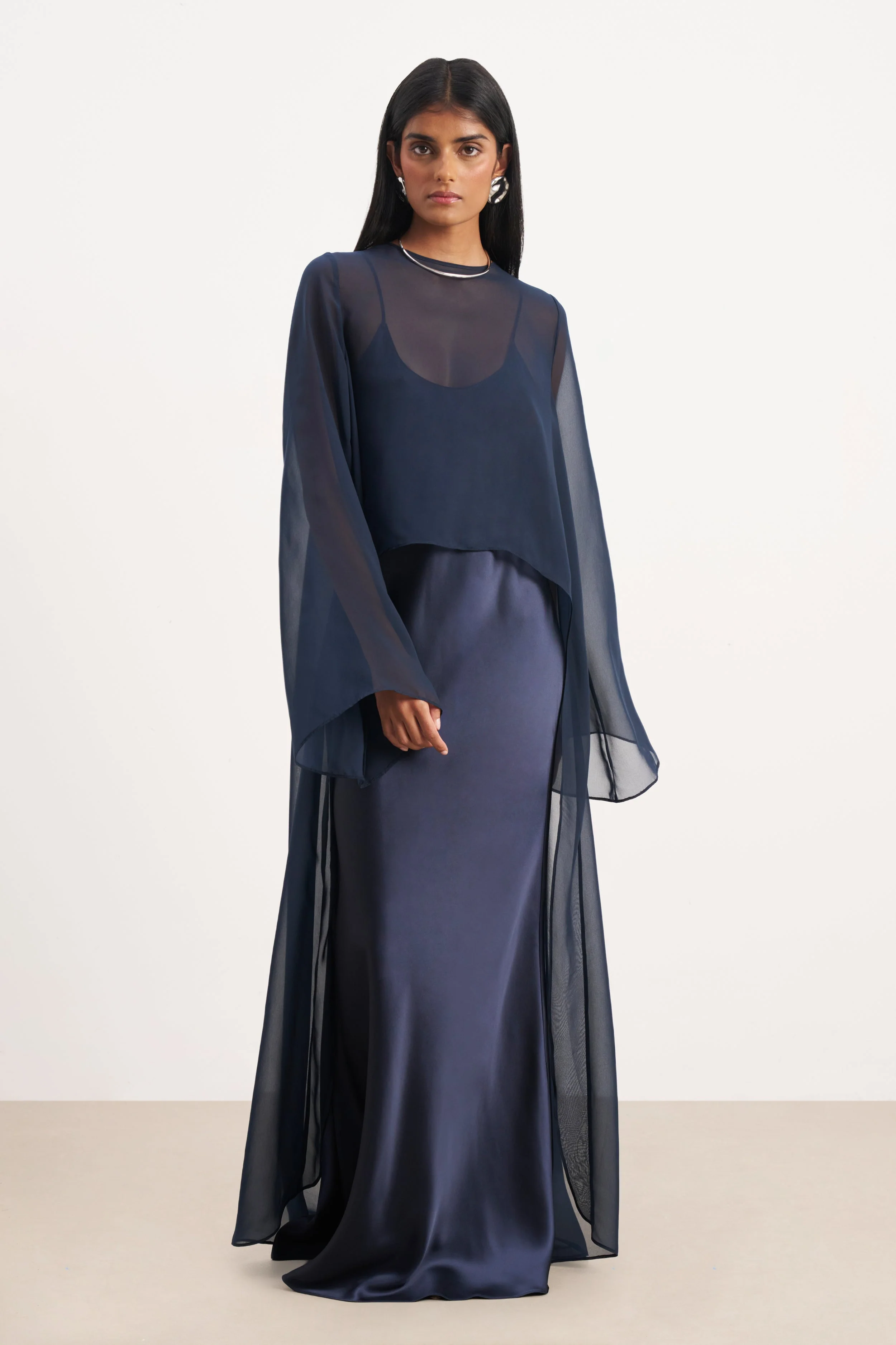Satin Scoop Neck Camisole Maxi Dress - Navy - Image 3