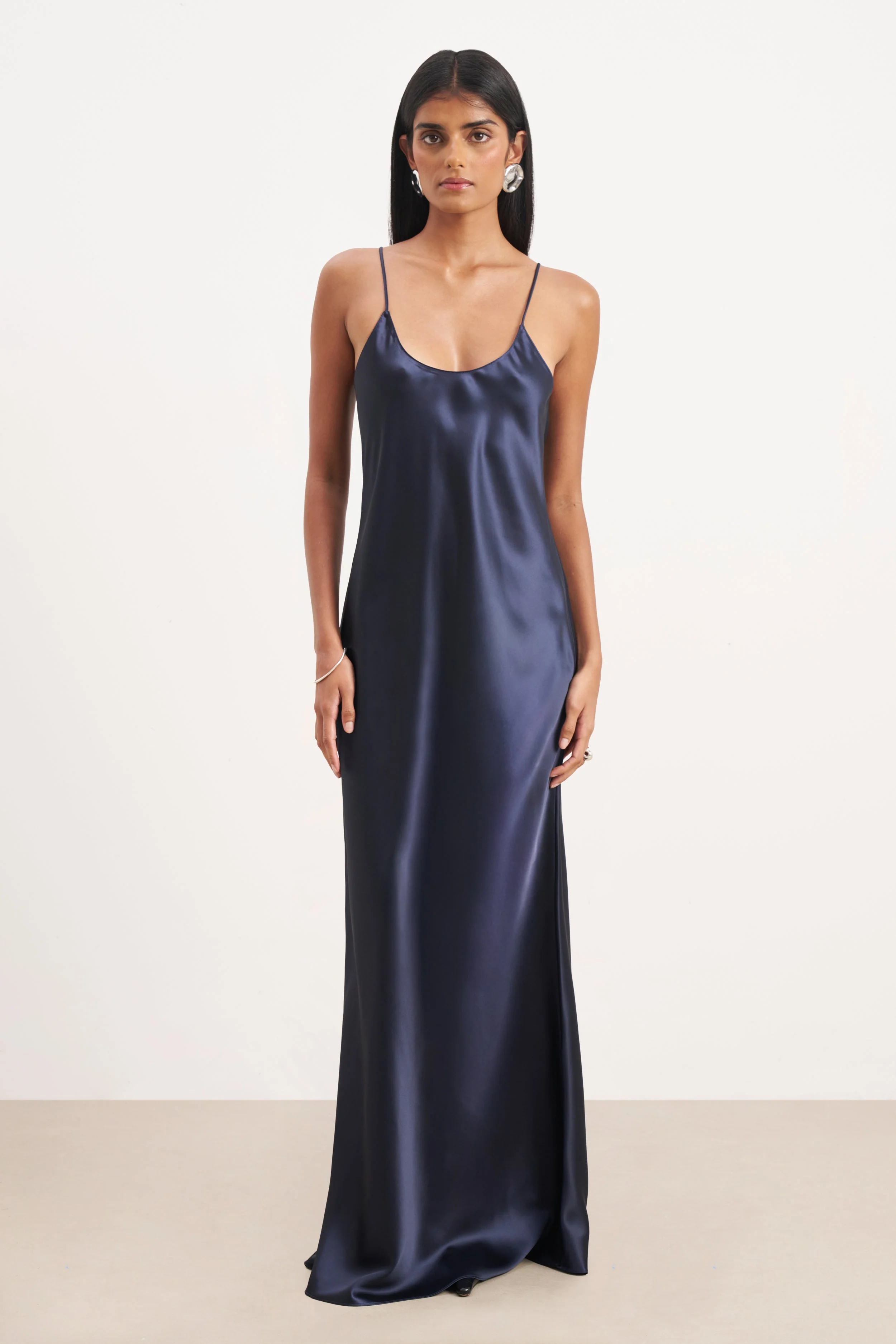Satin Scoop Neck Camisole Maxi Dress - Navy - Image 4