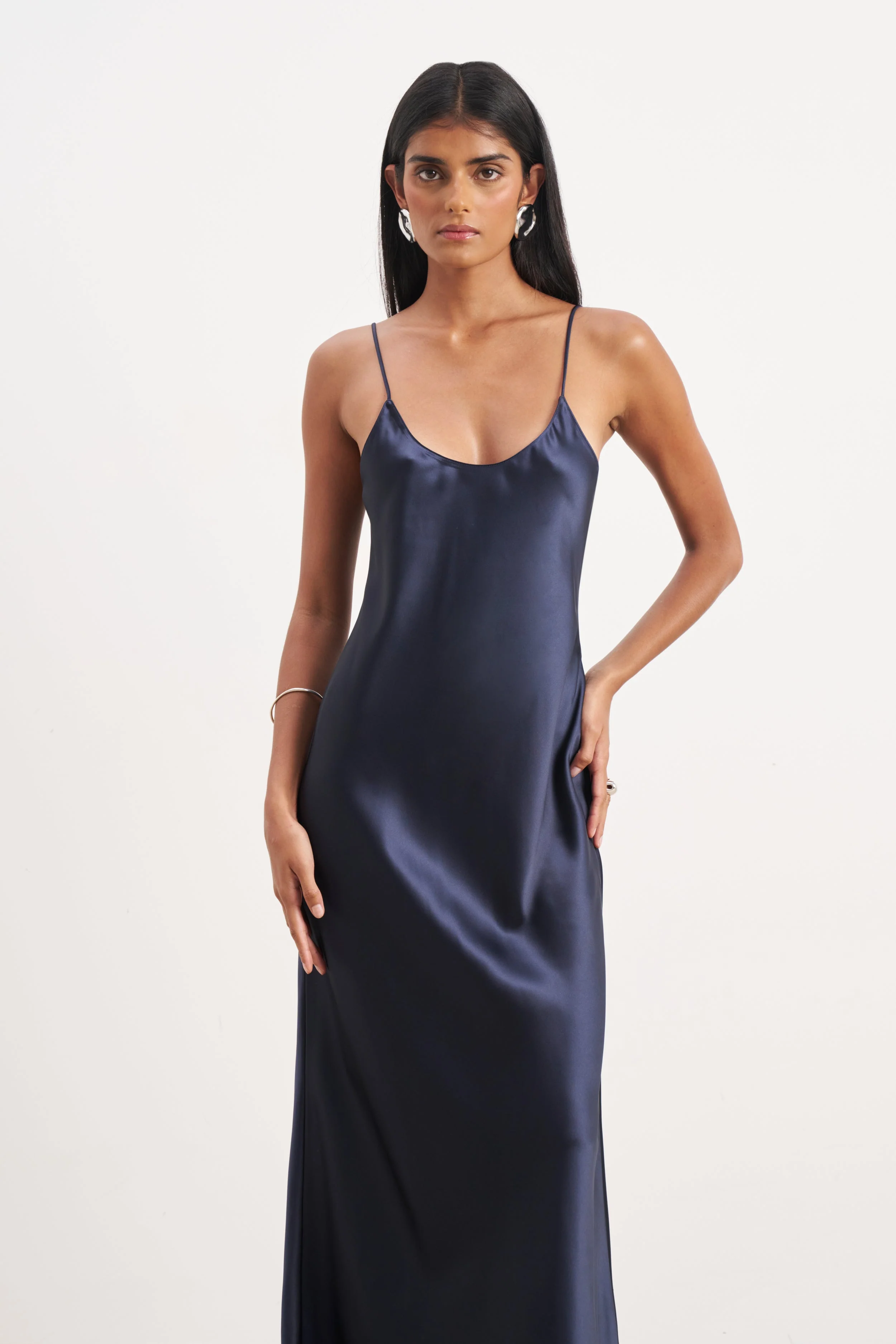 Satin Scoop Neck Camisole Maxi Dress - Navy - Image 5
