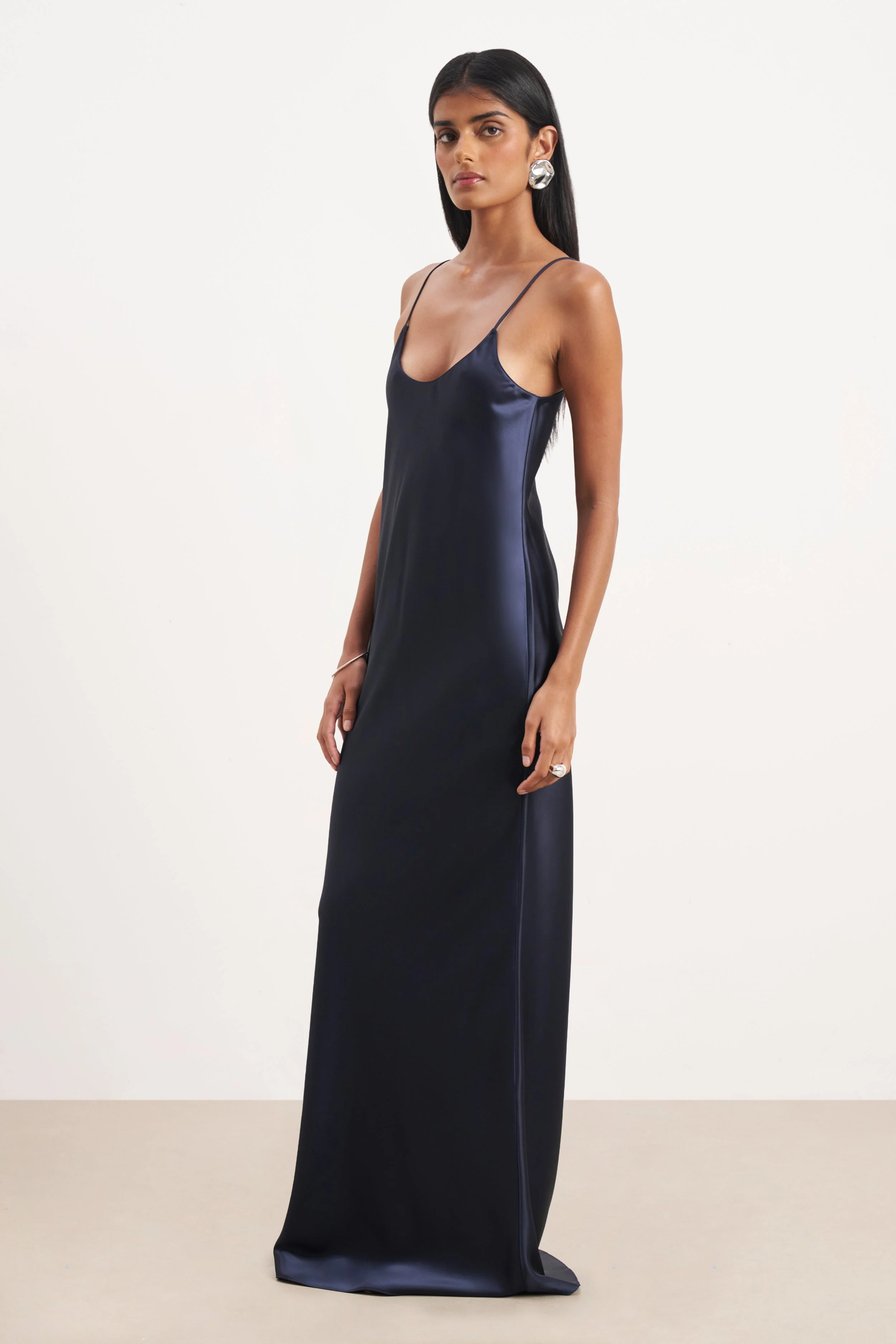 Satin Scoop Neck Camisole Maxi Dress - Navy - Image 6