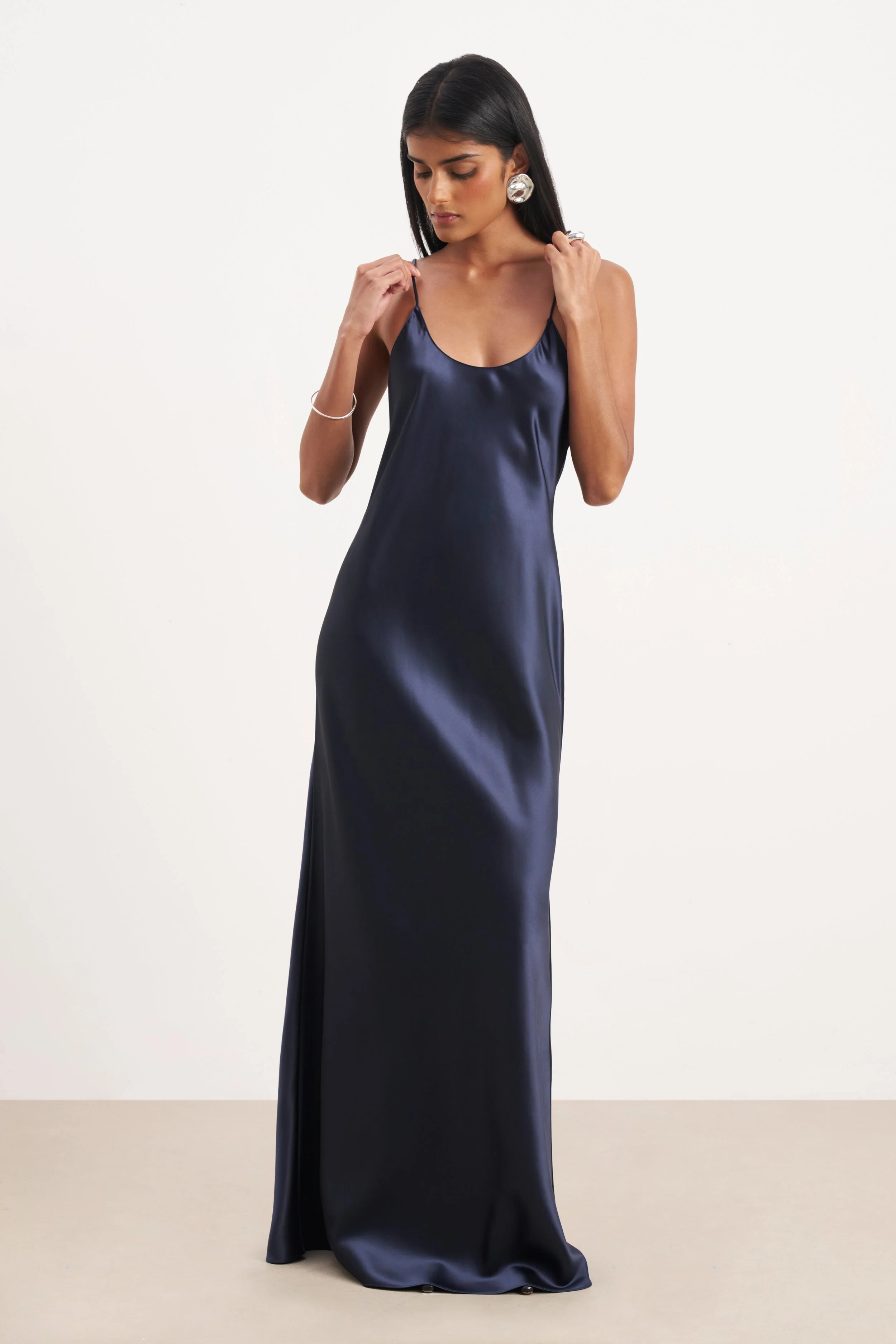 Satin Scoop Neck Camisole Maxi Dress - Navy - Image 8