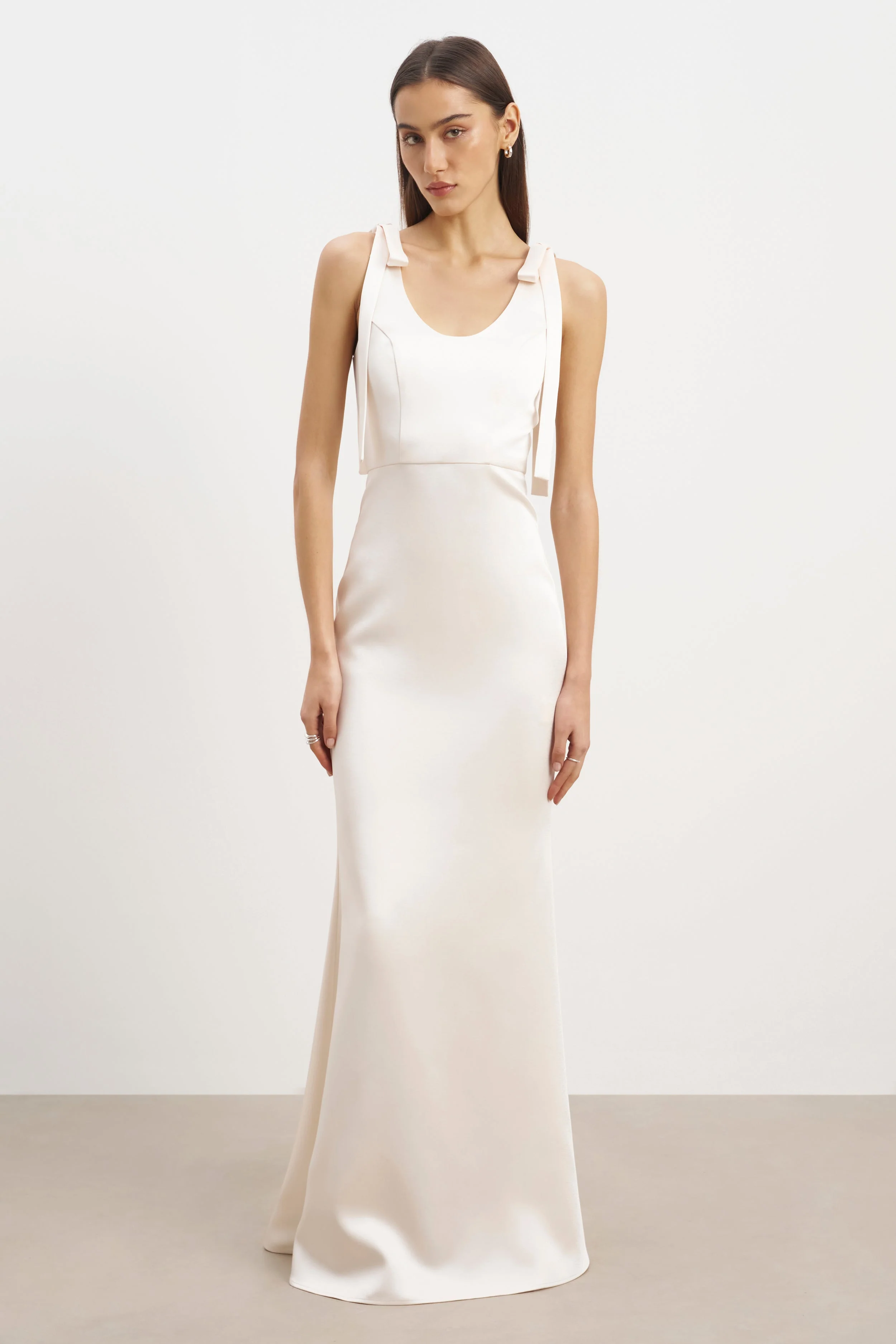 Satin Scoop Neck Gown with Bow Detail - Cream - Image 3