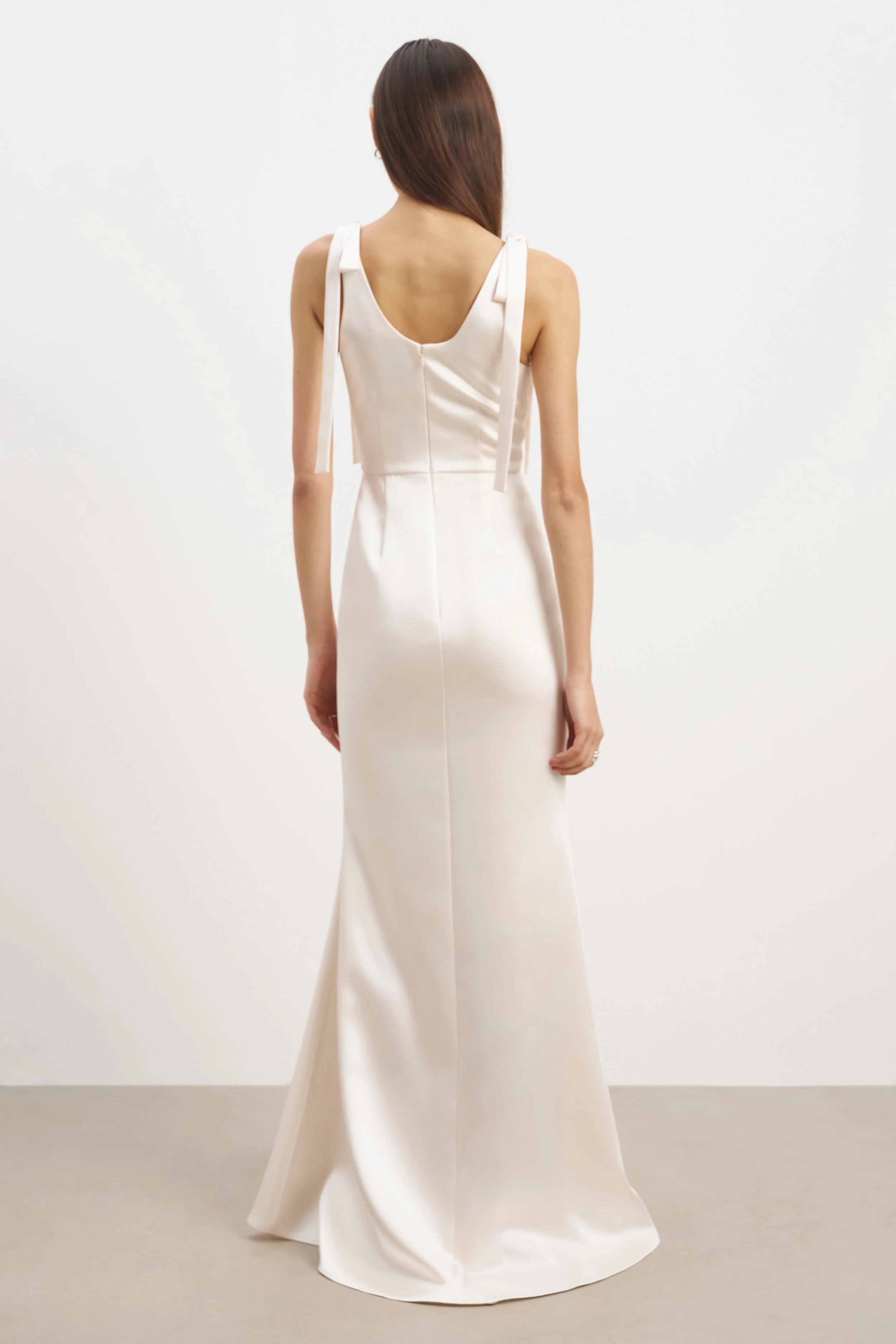 Satin Scoop Neck Gown with Bow Detail - Cream - Image 7