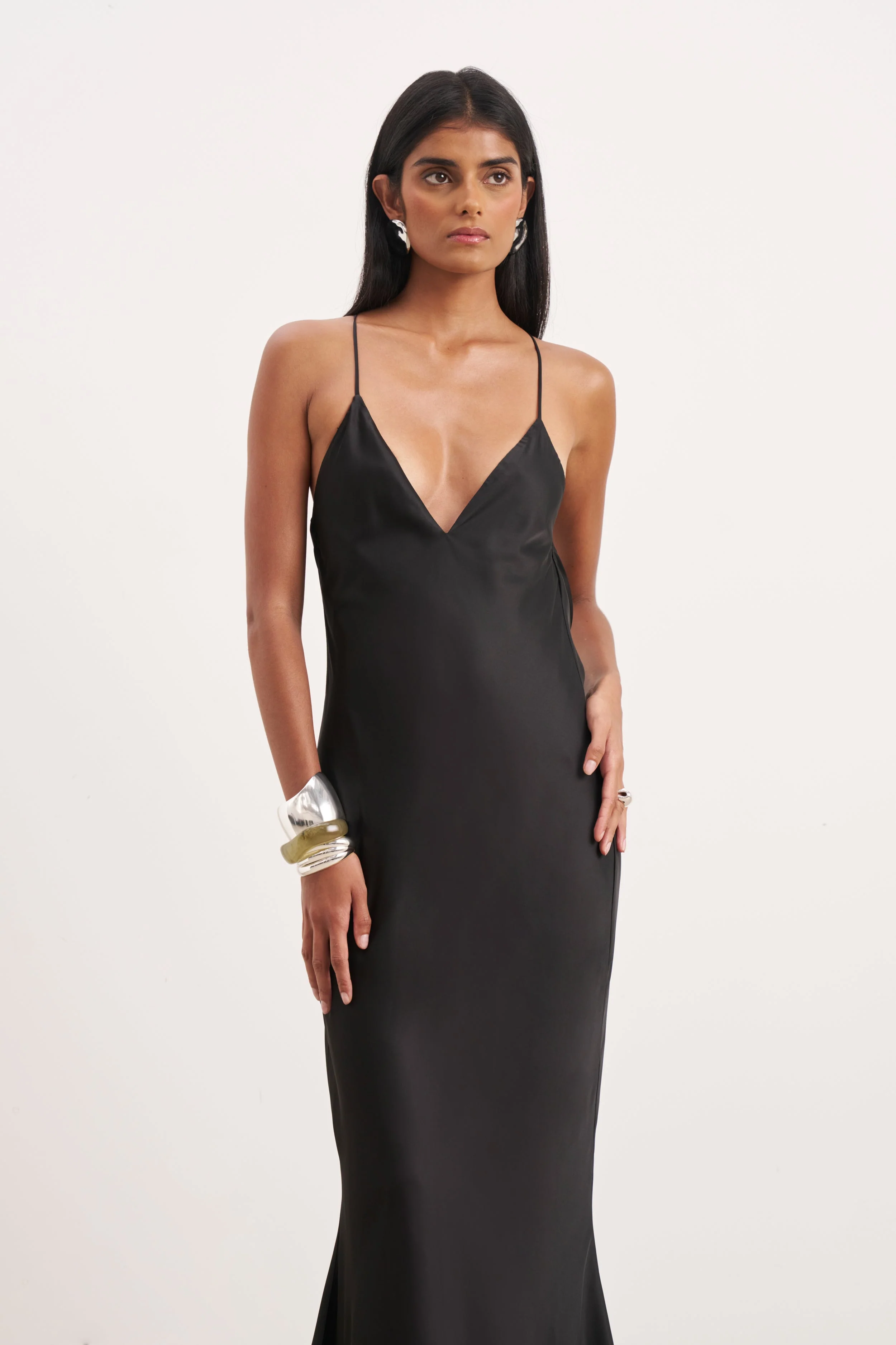Satin Slinky Cowl Back Gown - Black - Image 3