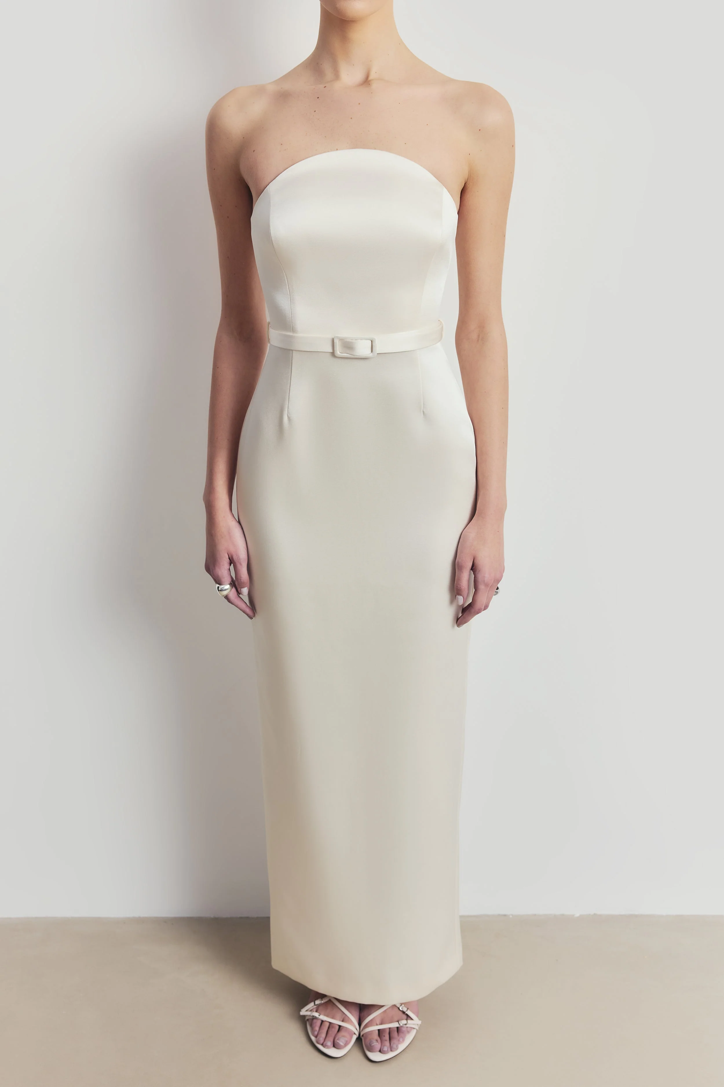 Satin Structured Column Maxi Dress - Cream - Image 6