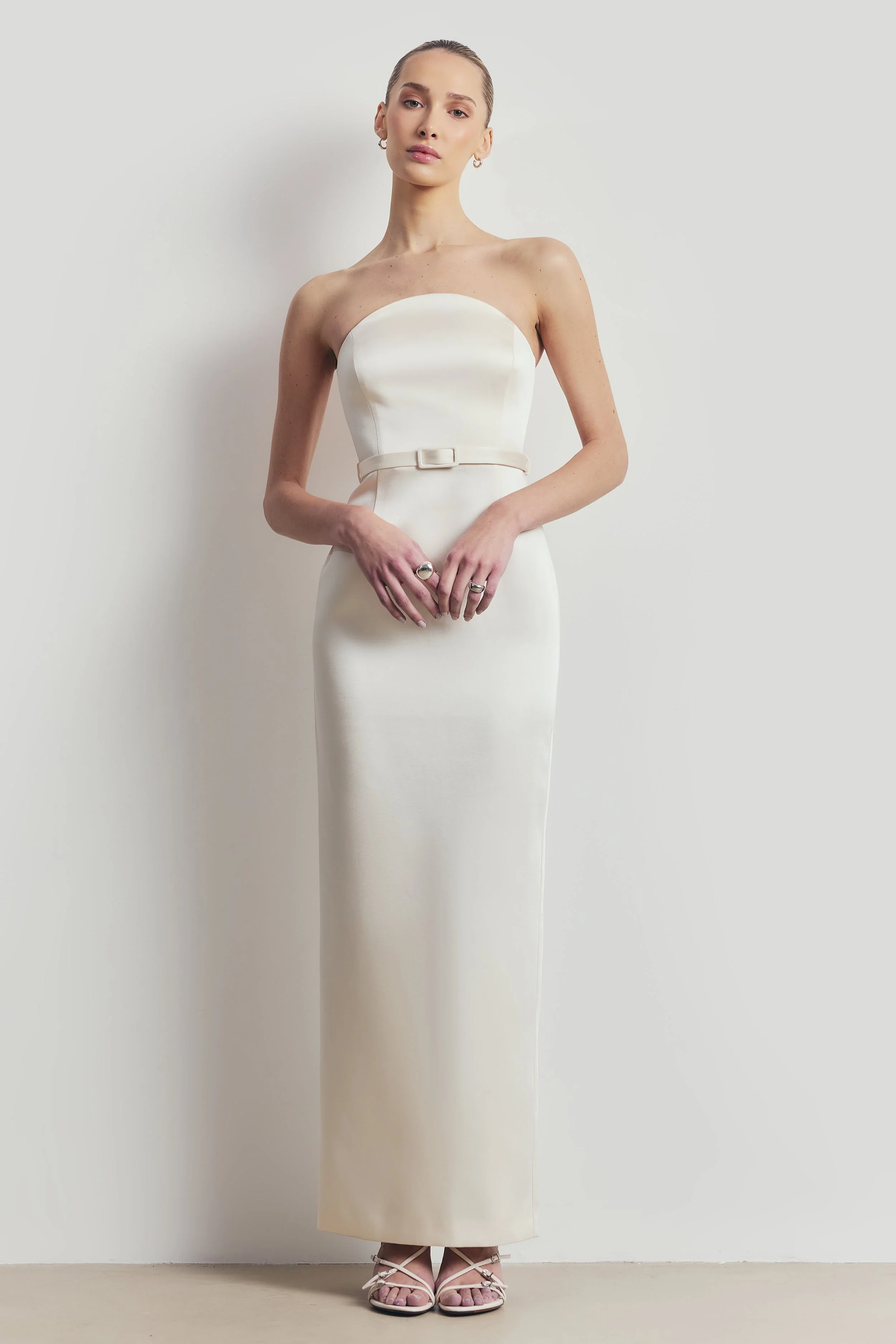 Satin Structured Column Maxi Dress - Cream - Image 7