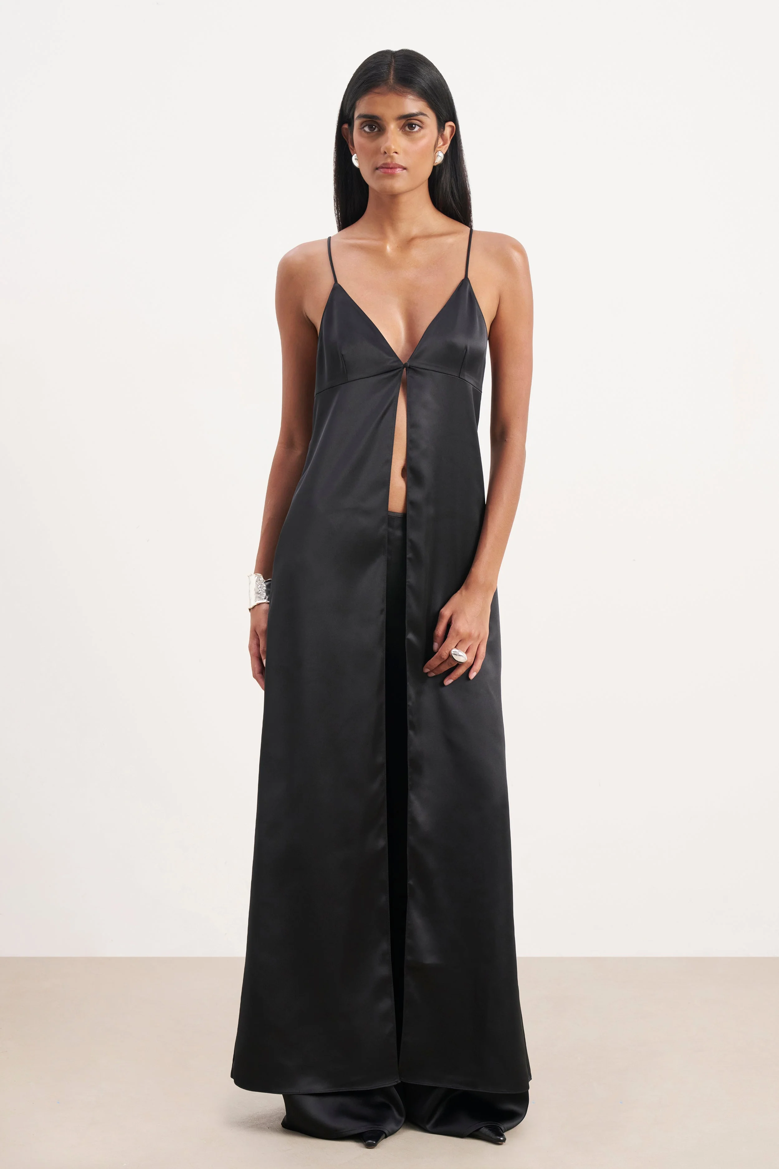 Satin V Neck Longline Camisole - Black