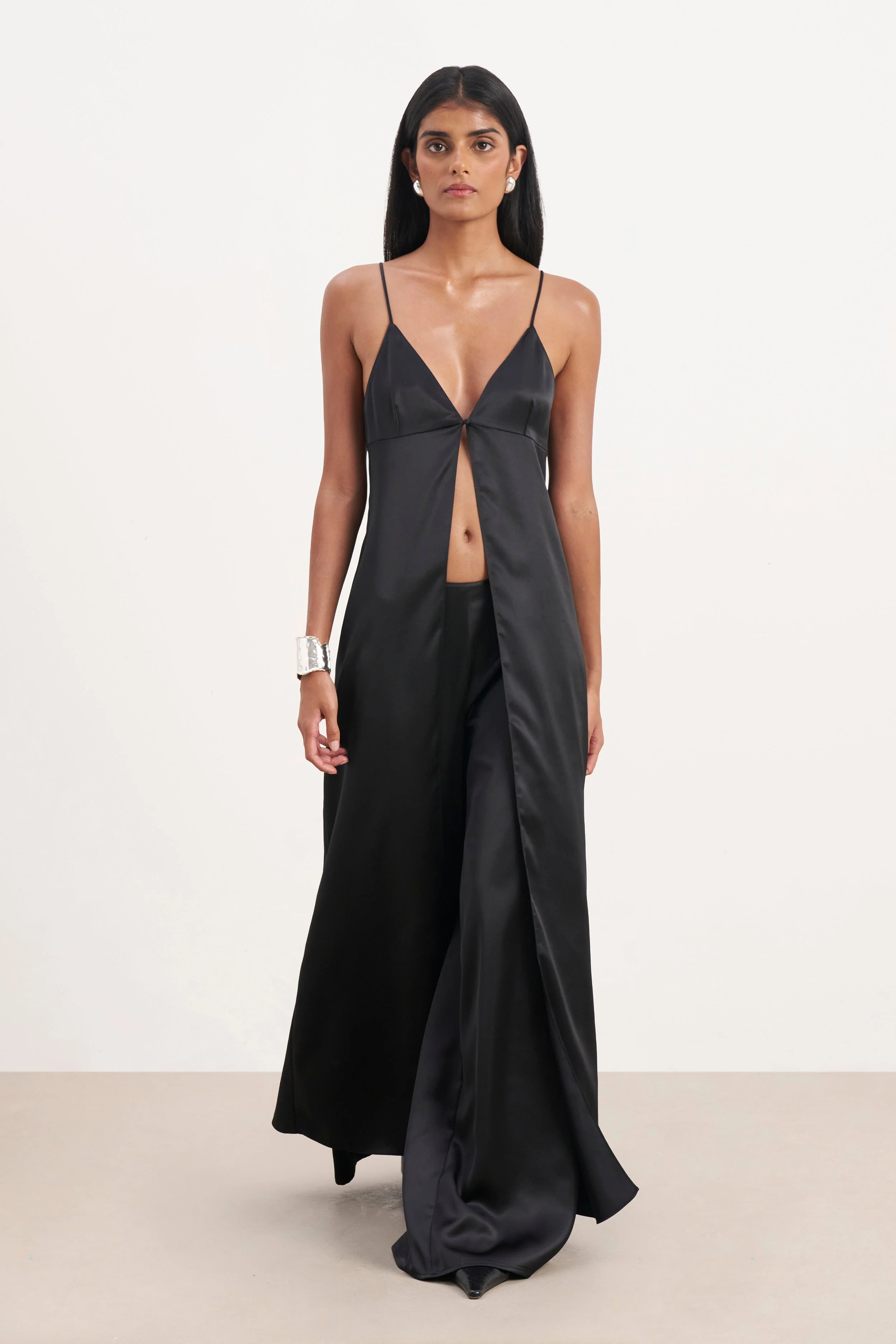 Satin V Neck Longline Camisole - Black - Image 2