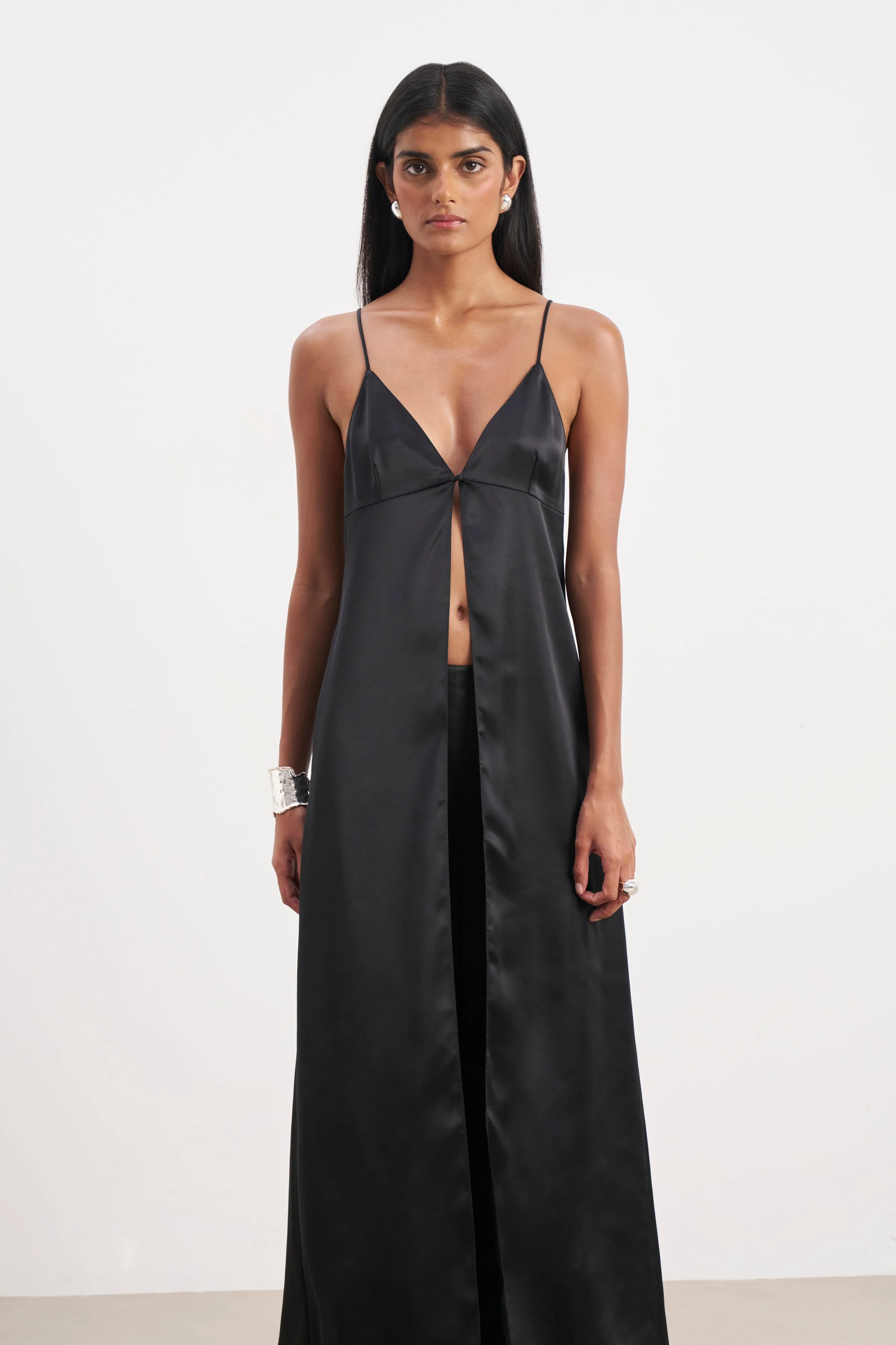 Satin V Neck Longline Camisole - Black - Image 6