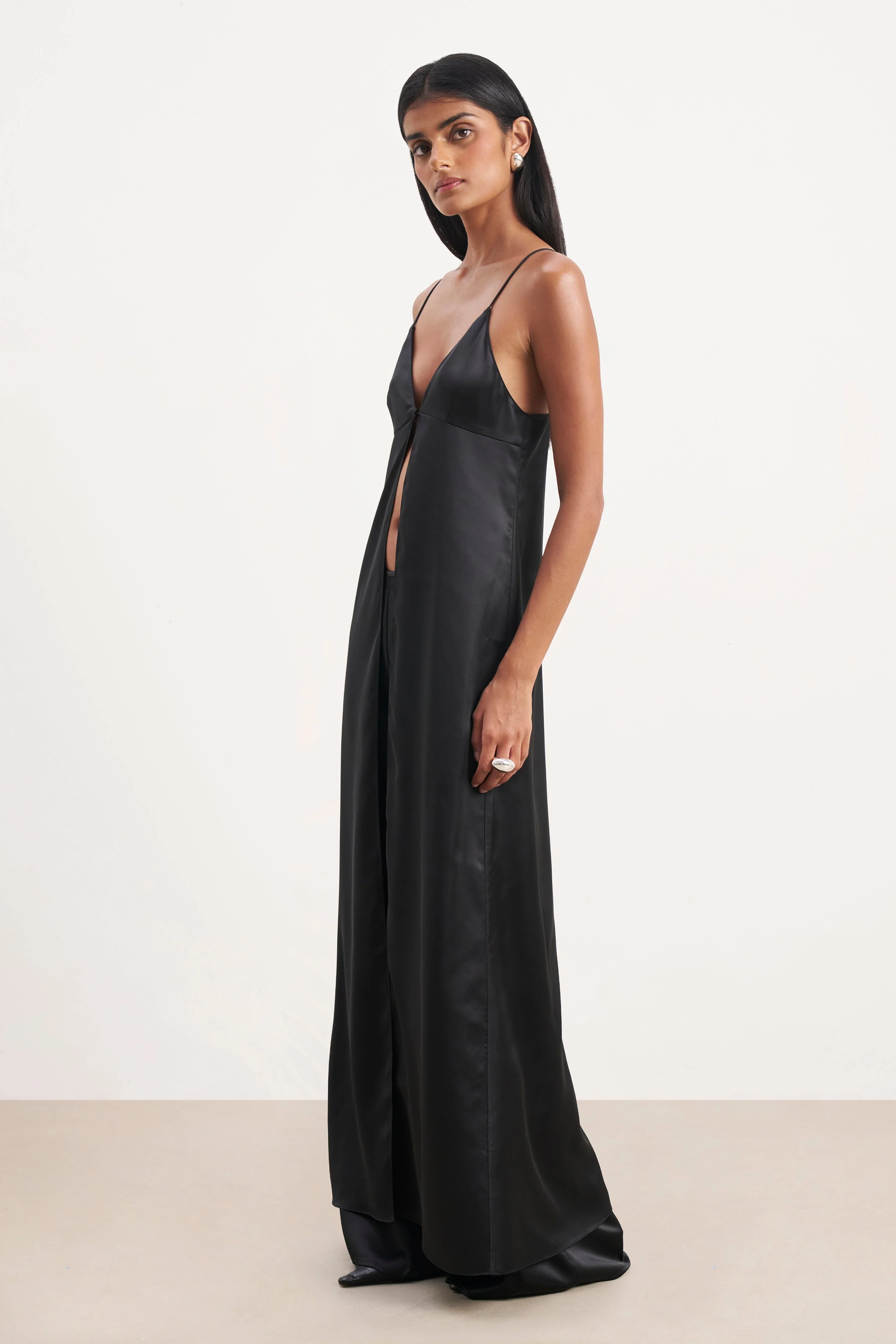 Satin V Neck Longline Camisole - Black - Image 7