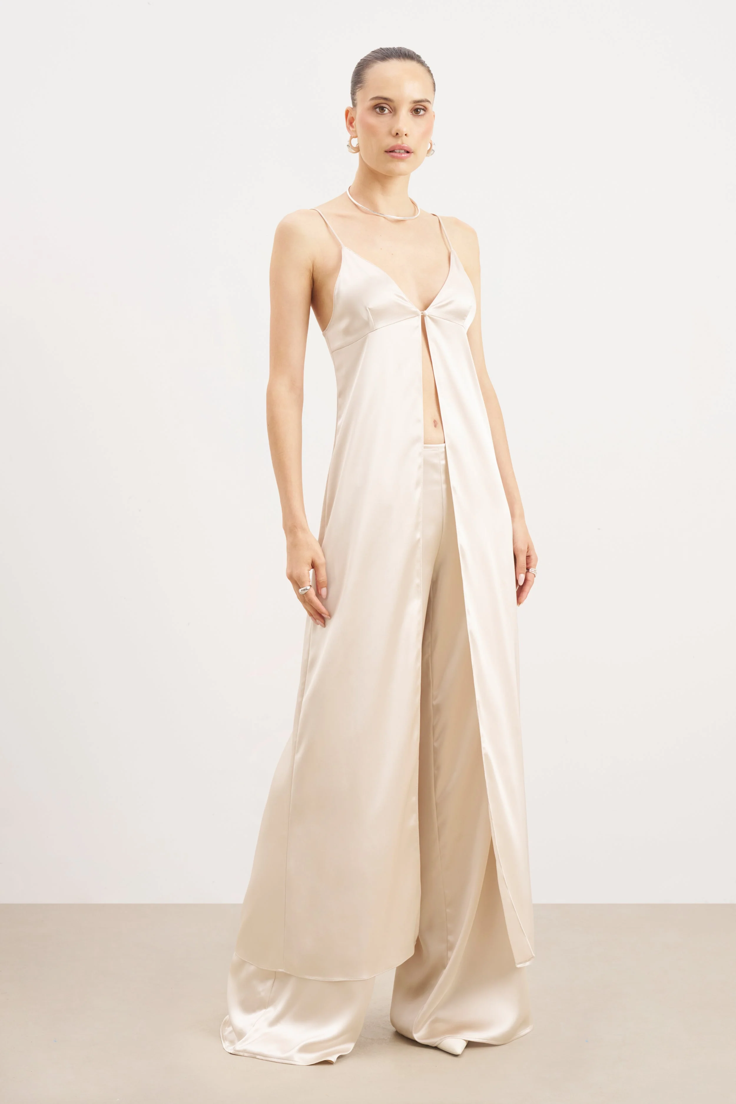 Satin V Neck Longline Camisole - Champagne - Image 2