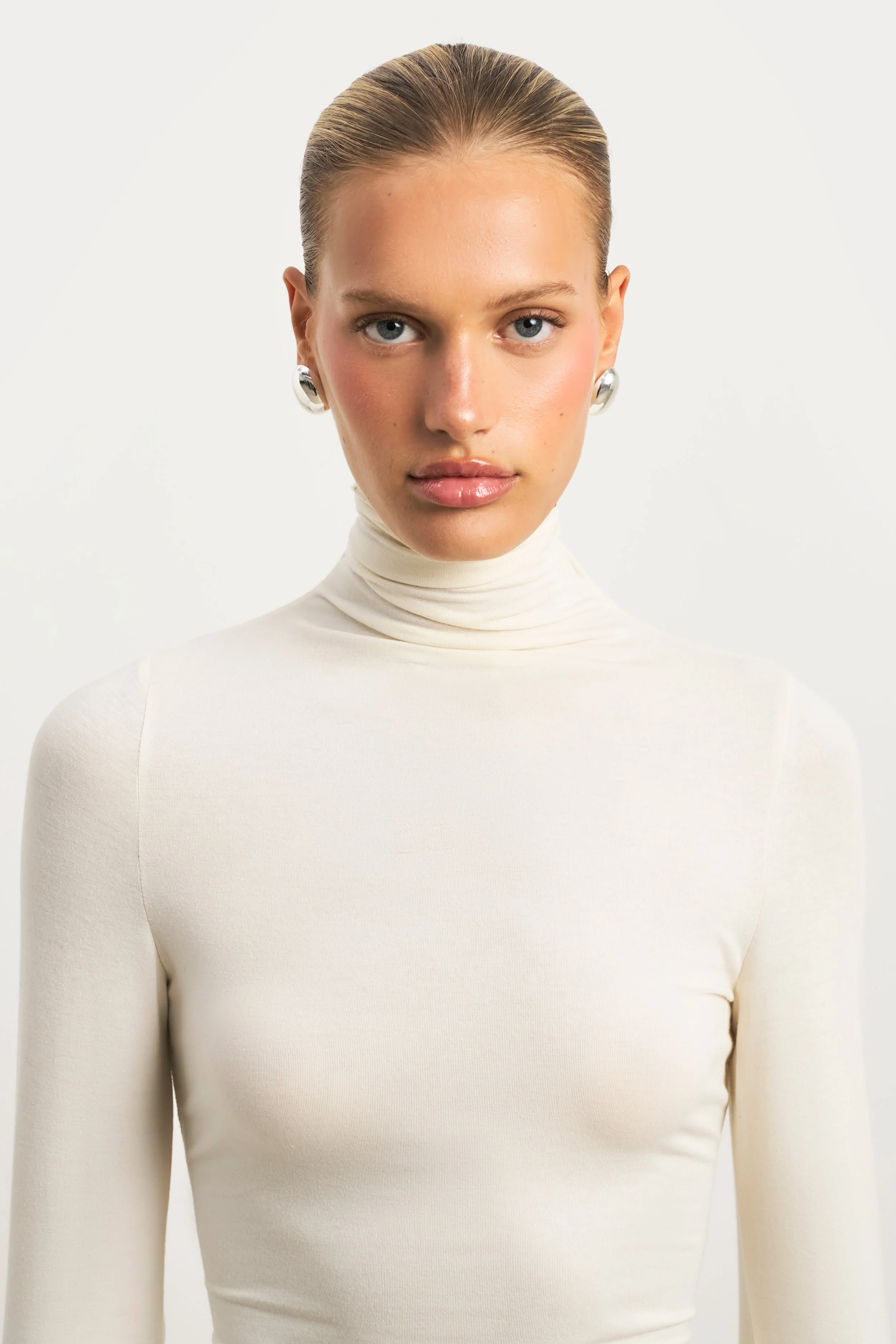 Semi Sheer High Neck Longsleeve Top - Cream - Image 2
