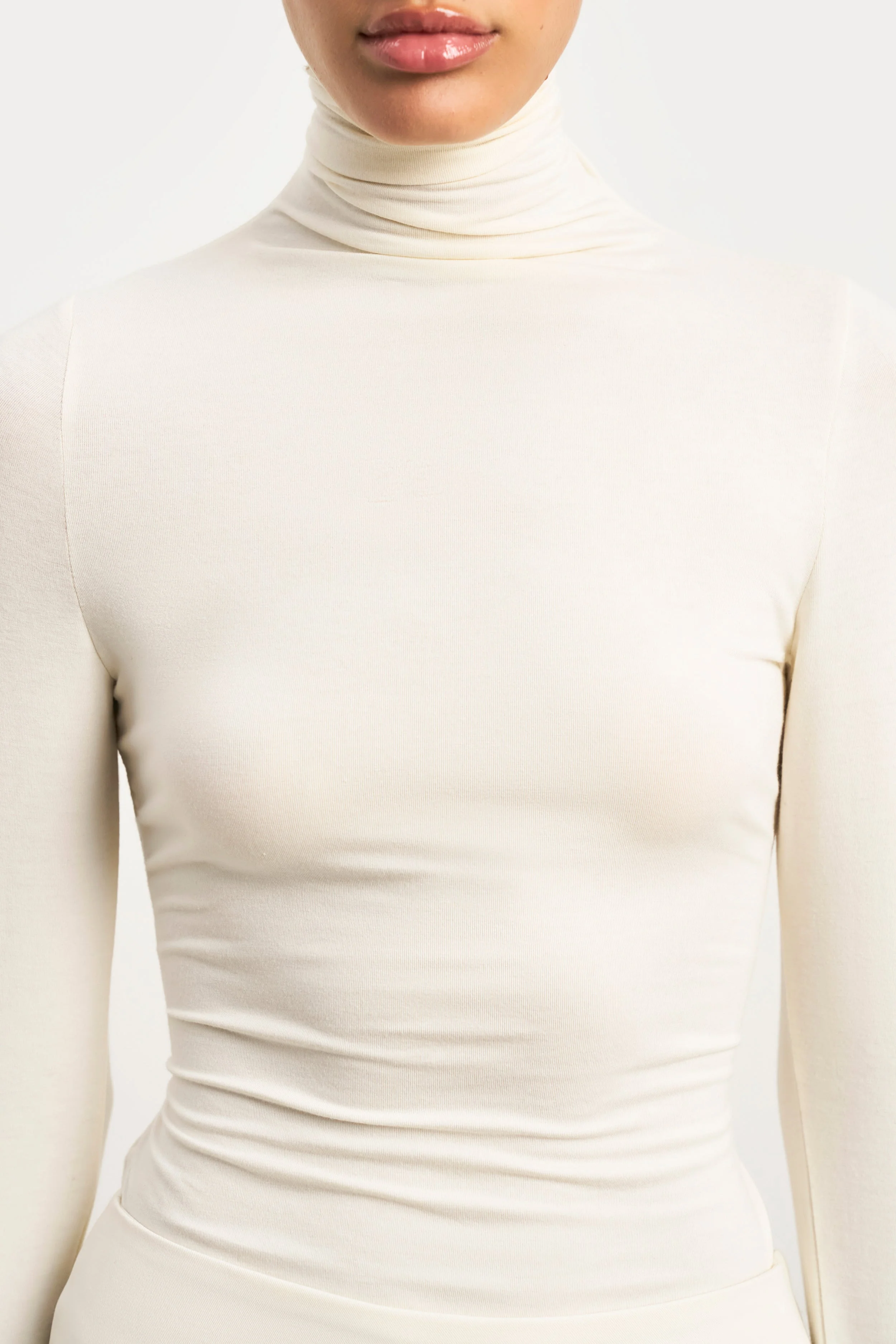 Semi Sheer High Neck Longsleeve Top - Cream - Image 4