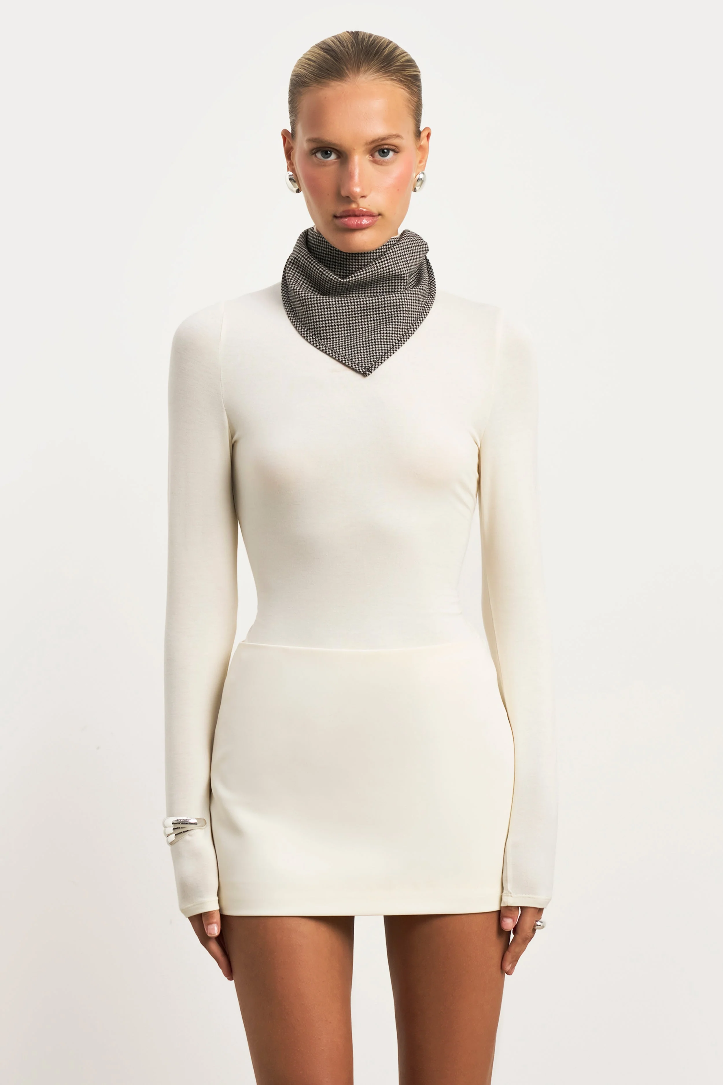 Semi Sheer High Neck Longsleeve Top - Cream - Image 6