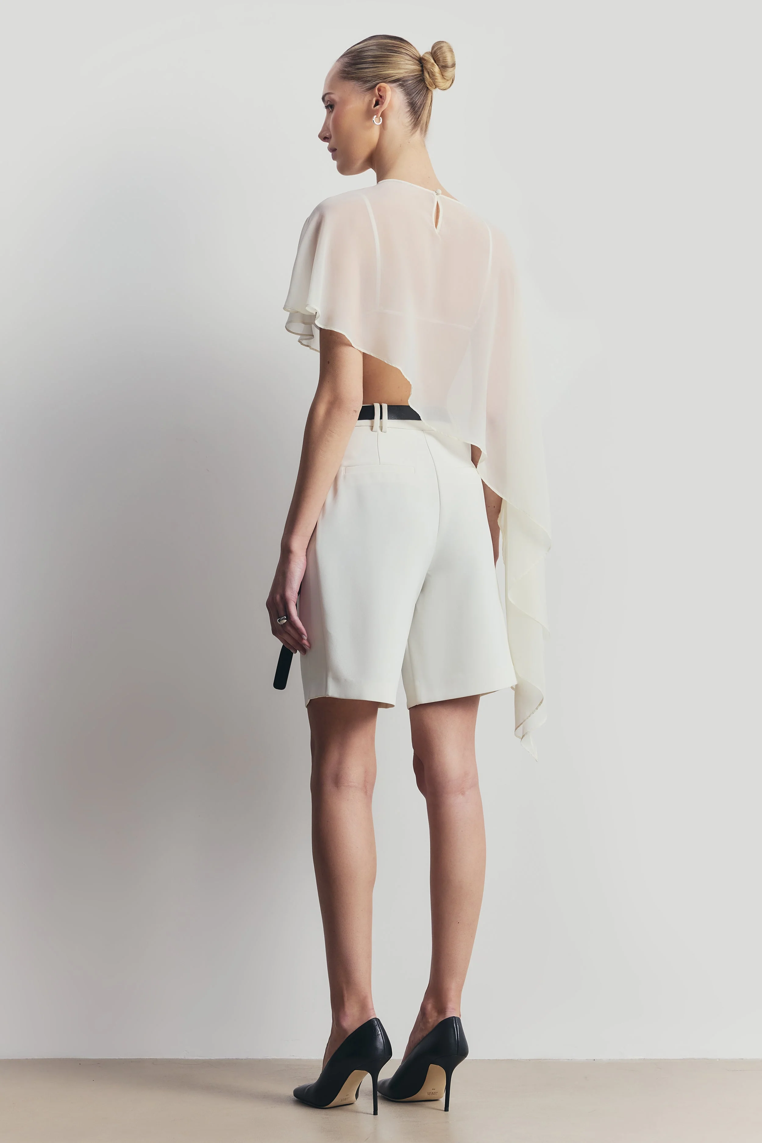 Sheer Chiffon Asymmetric Cape - Cream - Image 4