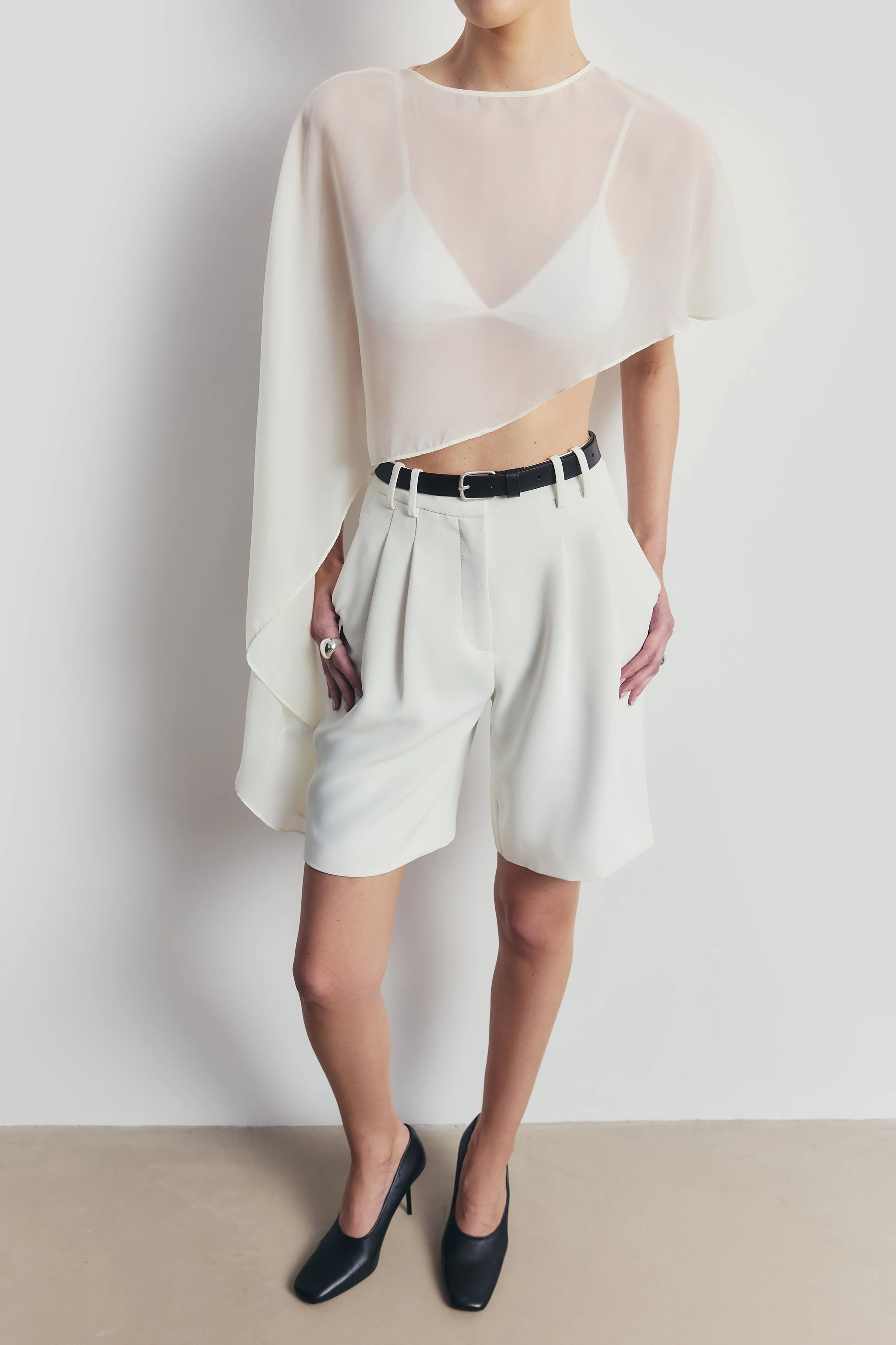 Sheer Chiffon Asymmetric Cape - Cream - Image 5