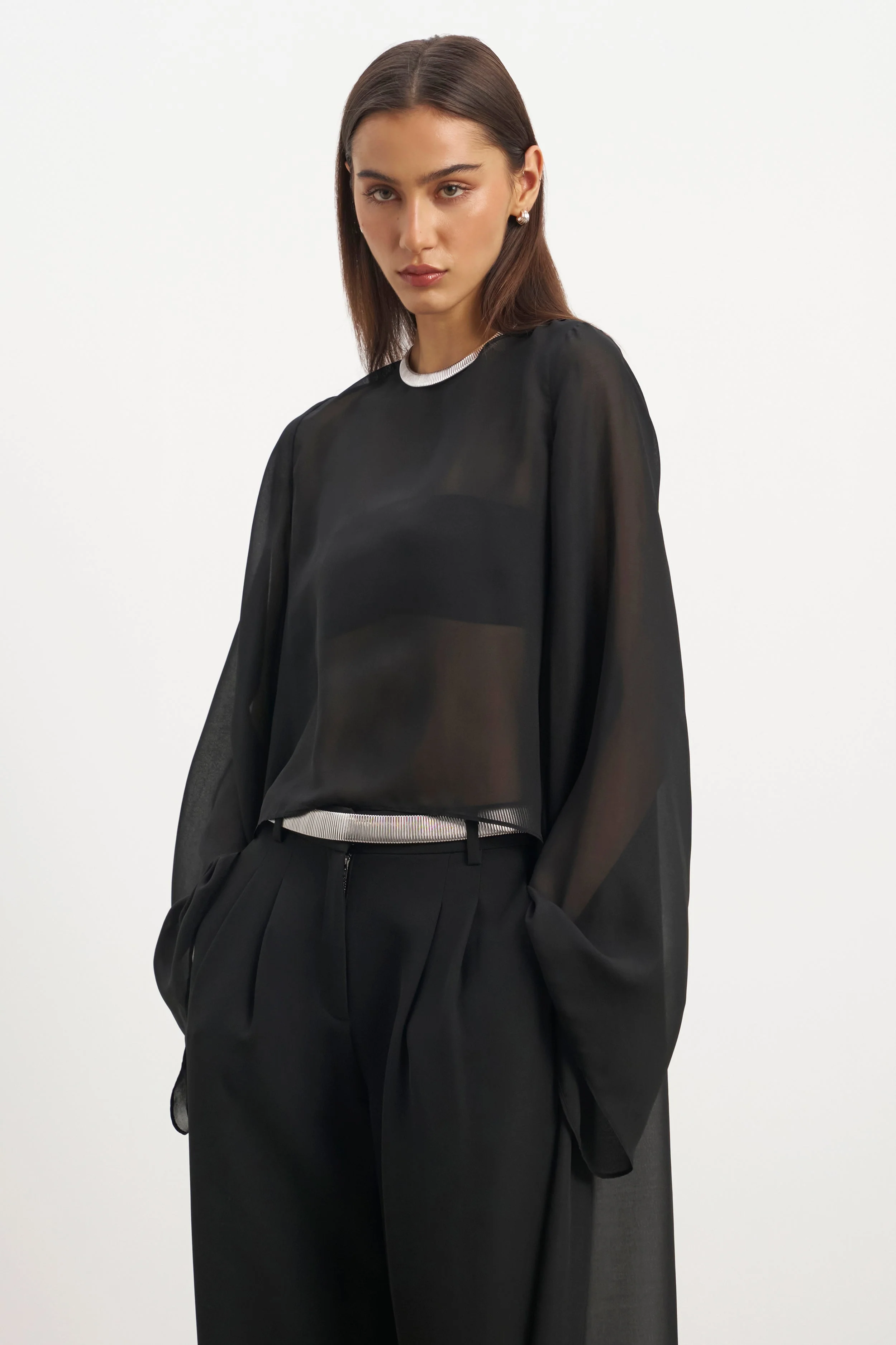 Sheer Chiffon Cape Blouse - Black - Image 2
