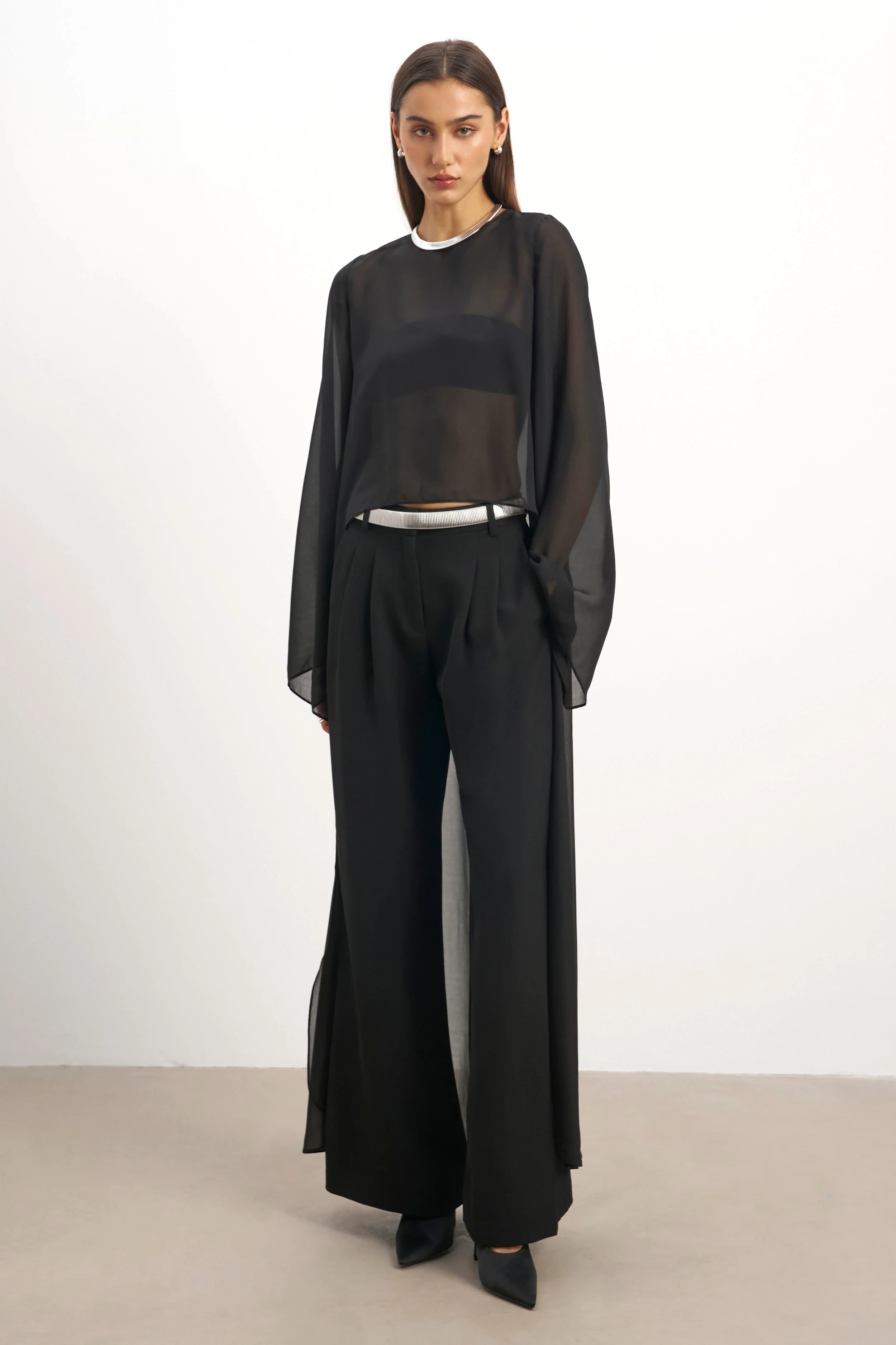 Sheer Chiffon Cape Blouse - Black - Image 3