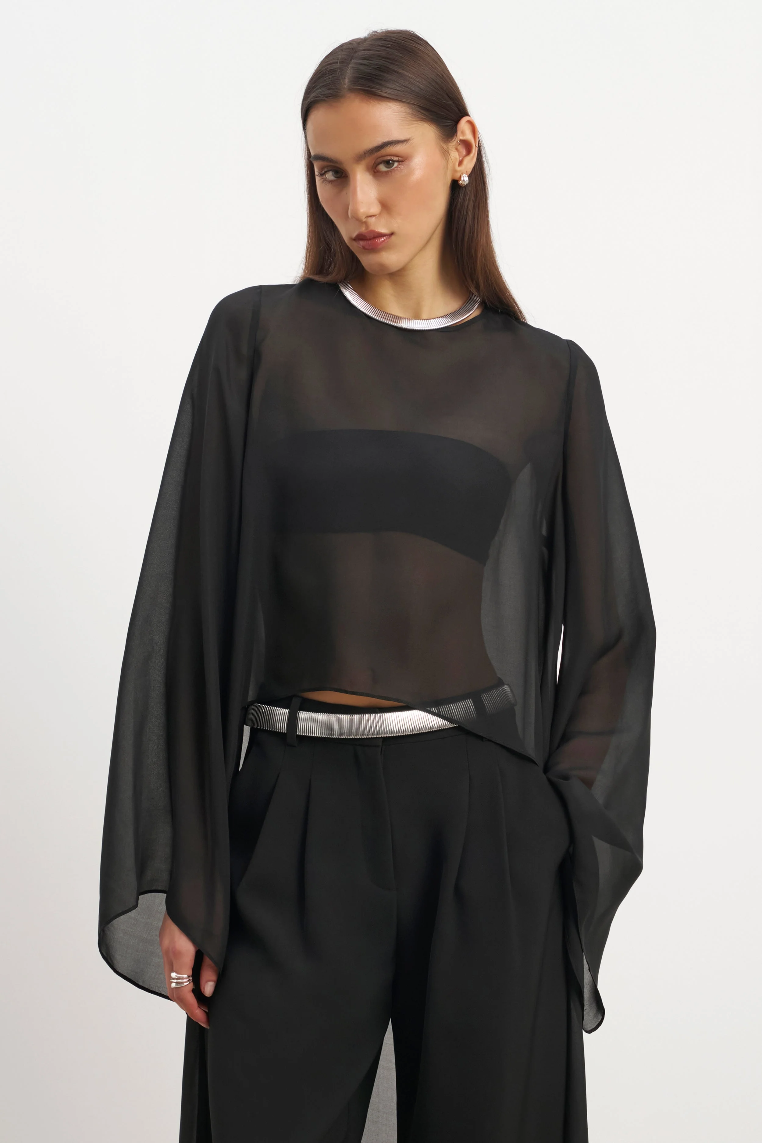 Sheer Chiffon Cape Blouse - Black - Image 4