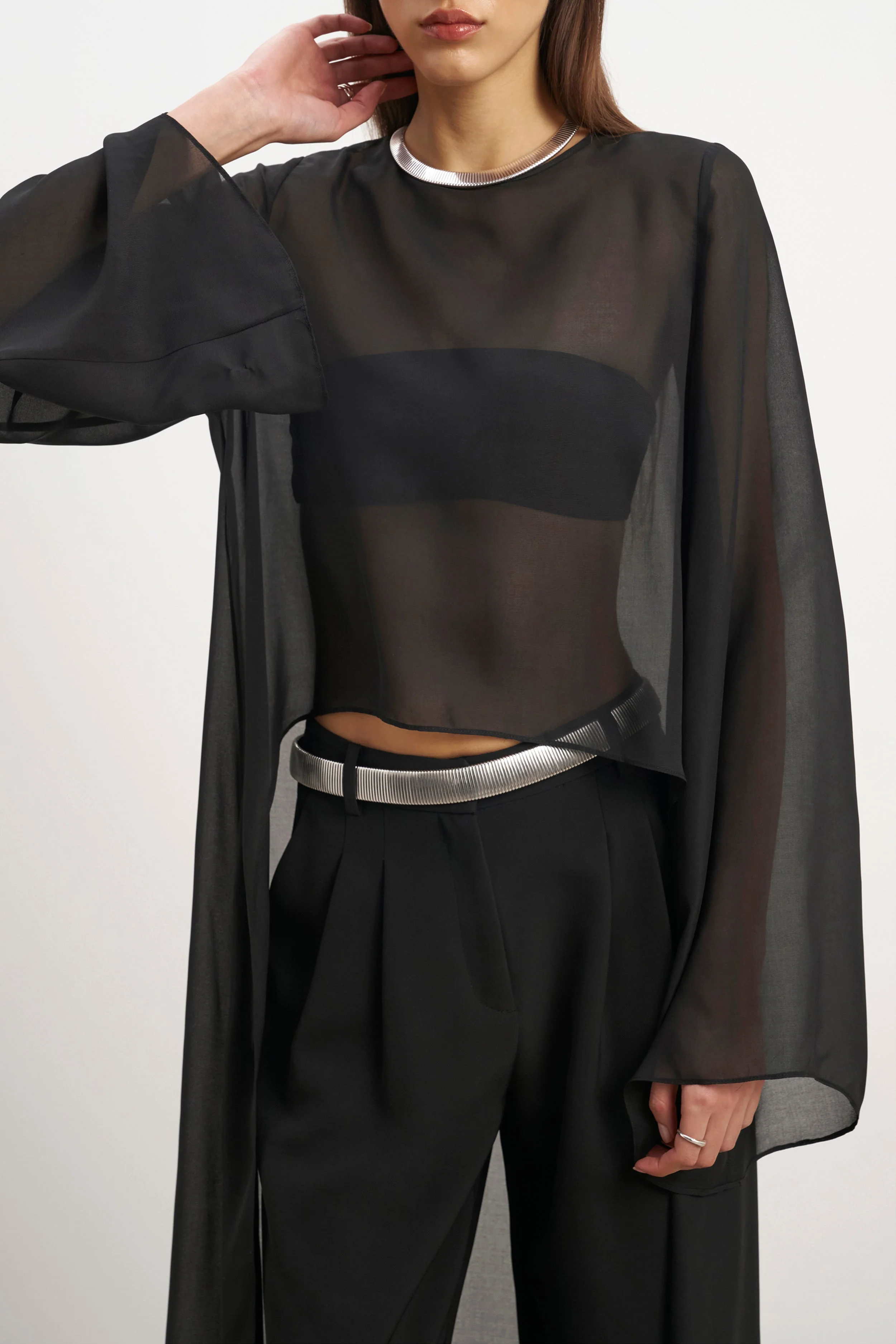 Sheer Chiffon Cape Blouse - Black - Image 5