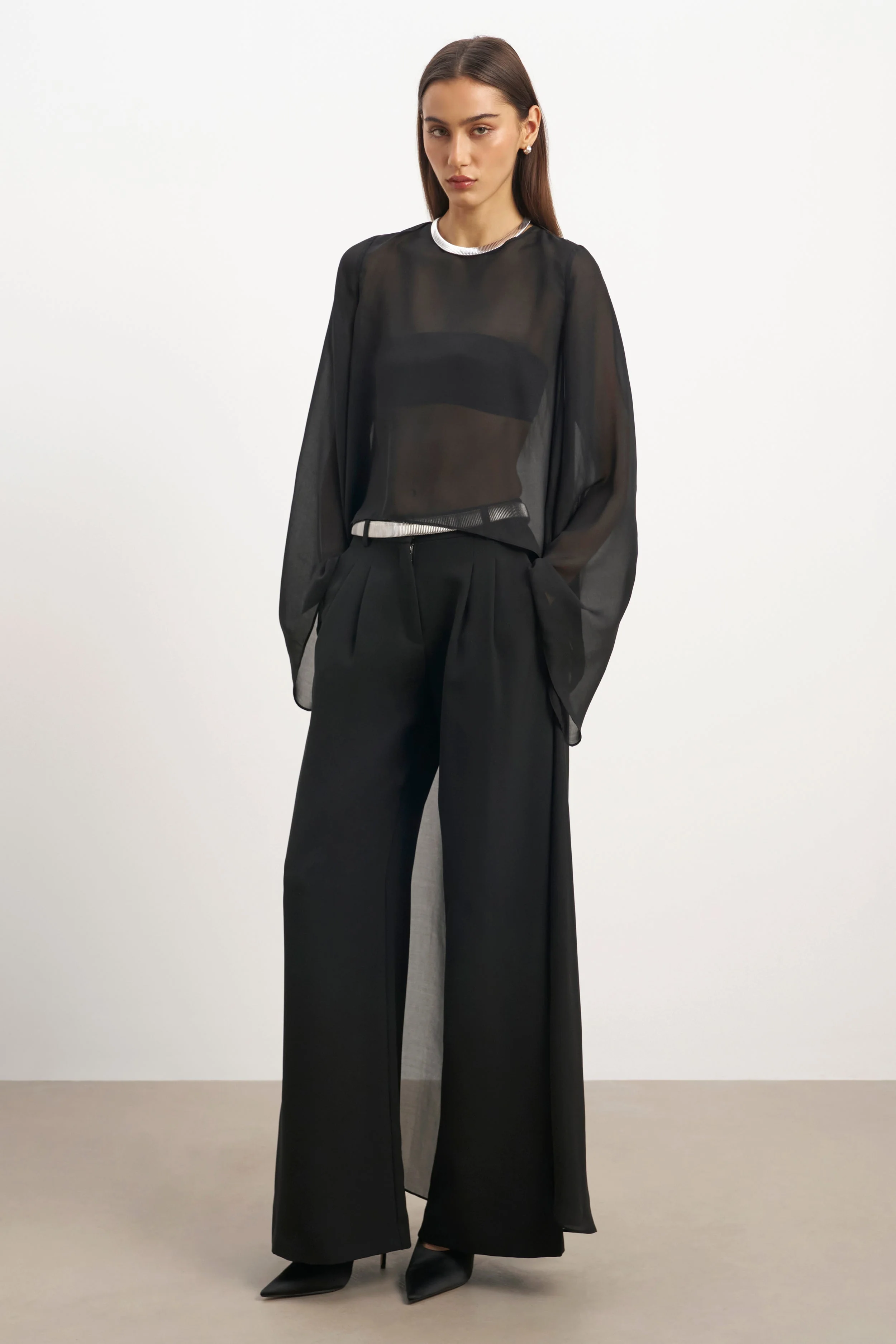 Sheer Chiffon Cape Blouse - Black - Image 6