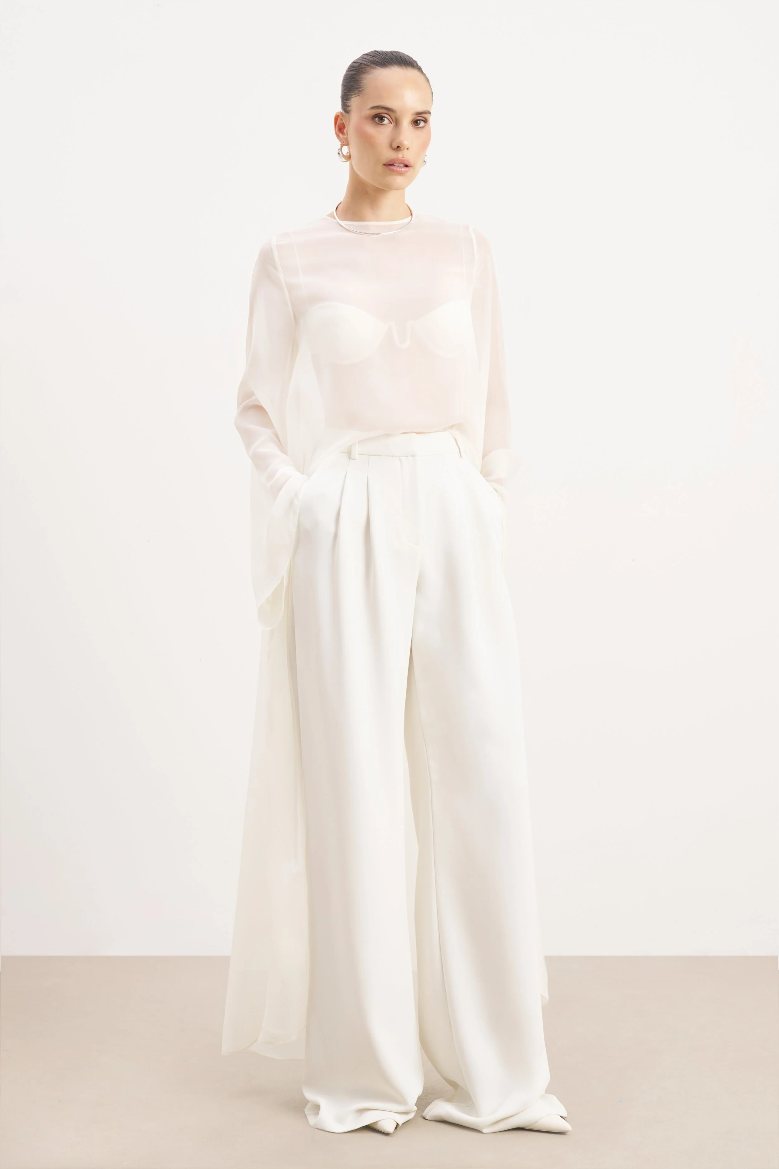 Sheer Chiffon Cape Blouse - Cream