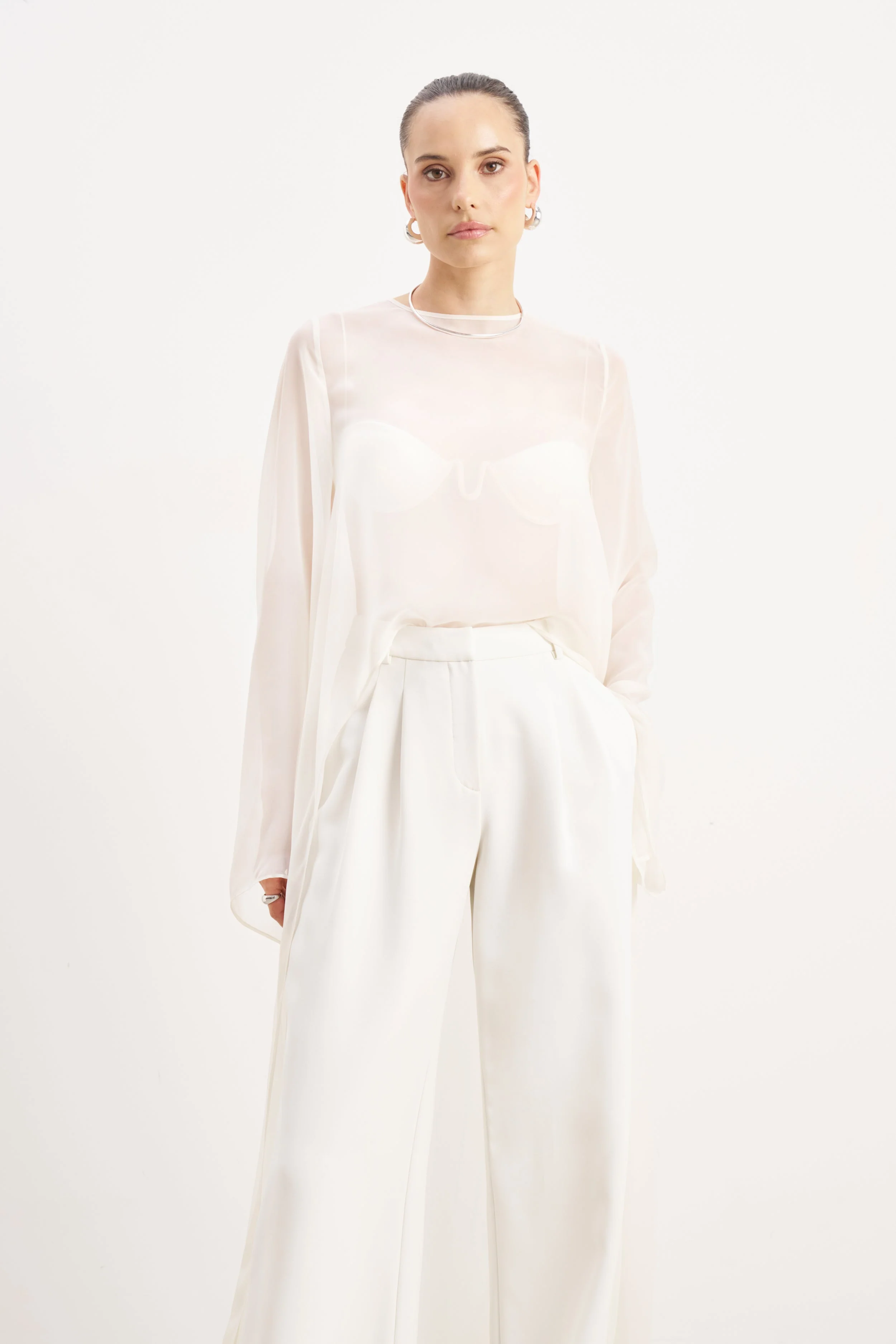 Sheer Chiffon Cape Blouse - Cream - Image 2
