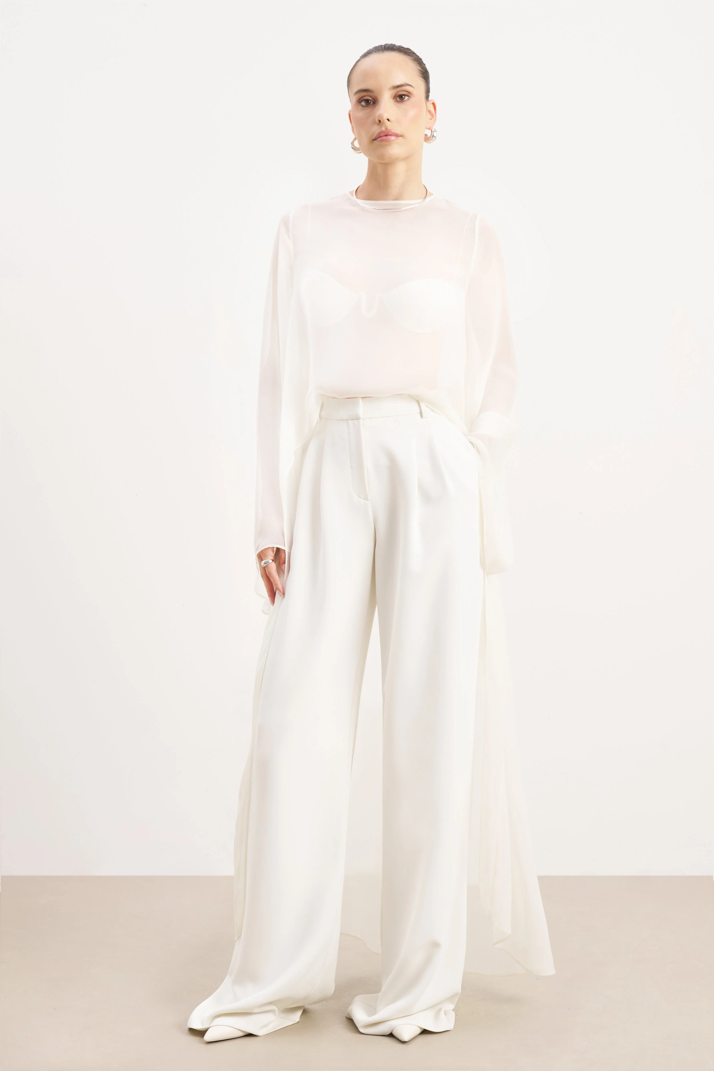 Sheer Chiffon Cape Blouse - Cream - Image 3