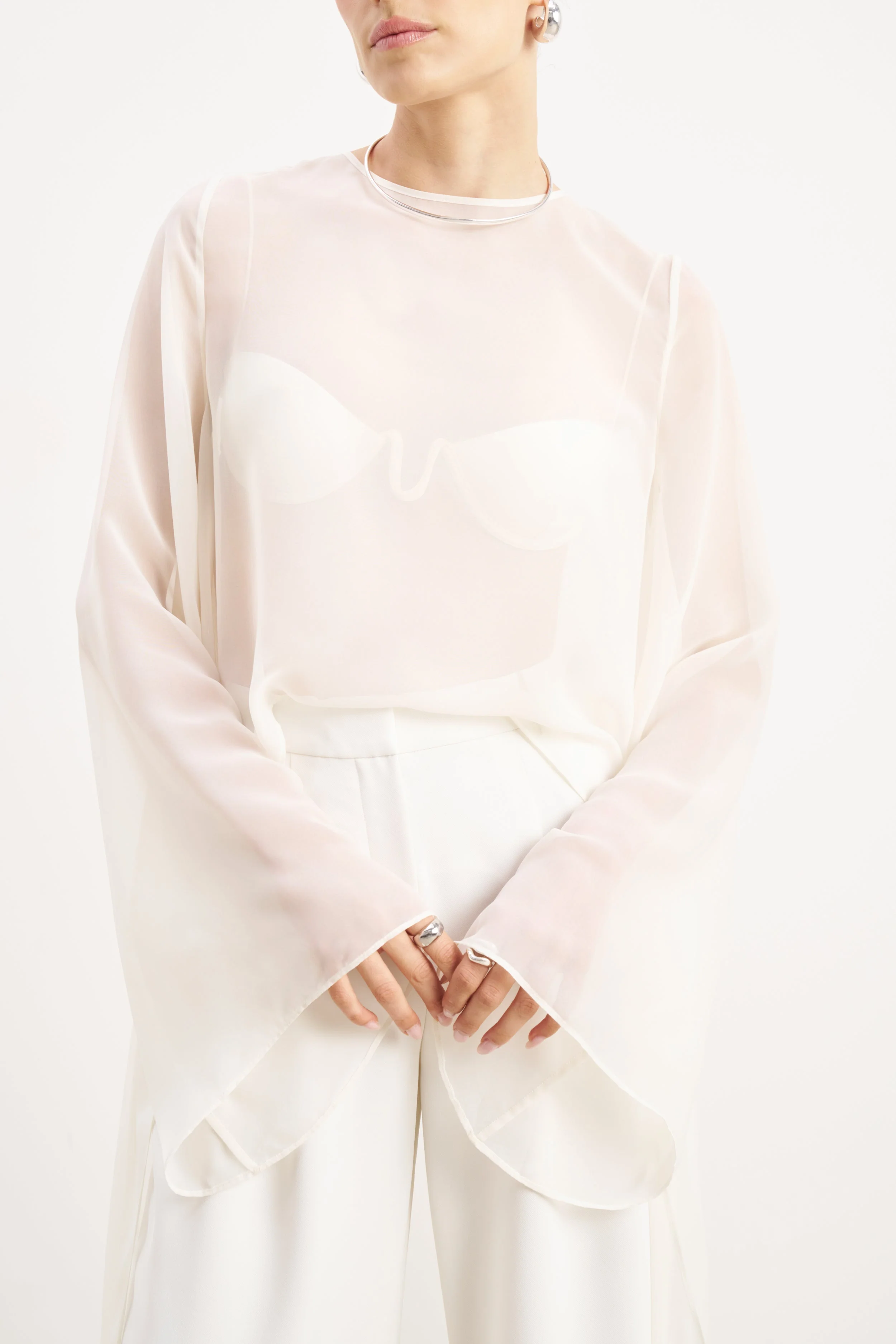 Sheer Chiffon Cape Blouse - Cream - Image 4