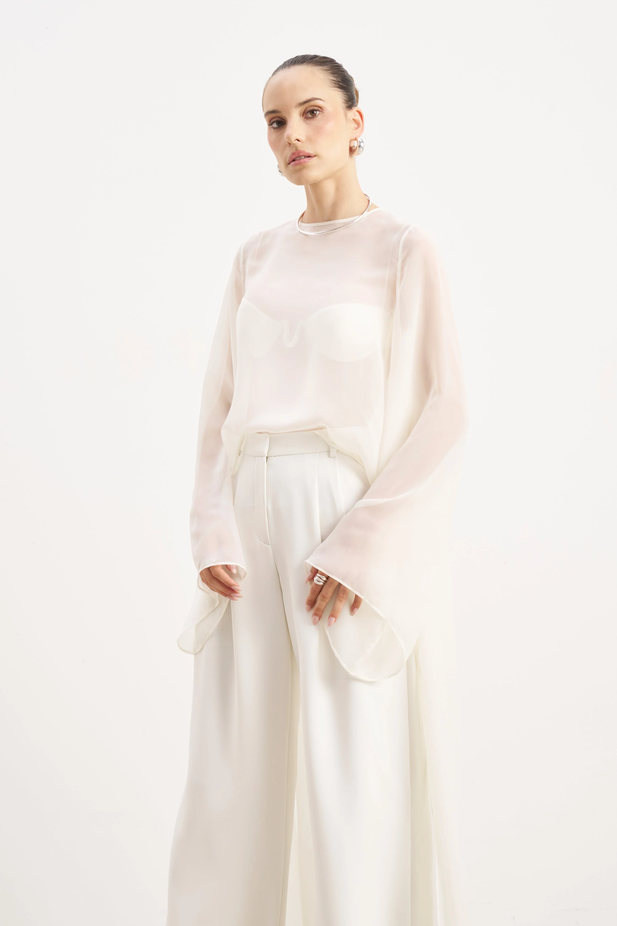 Sheer Chiffon Cape Blouse - Cream - Image 7