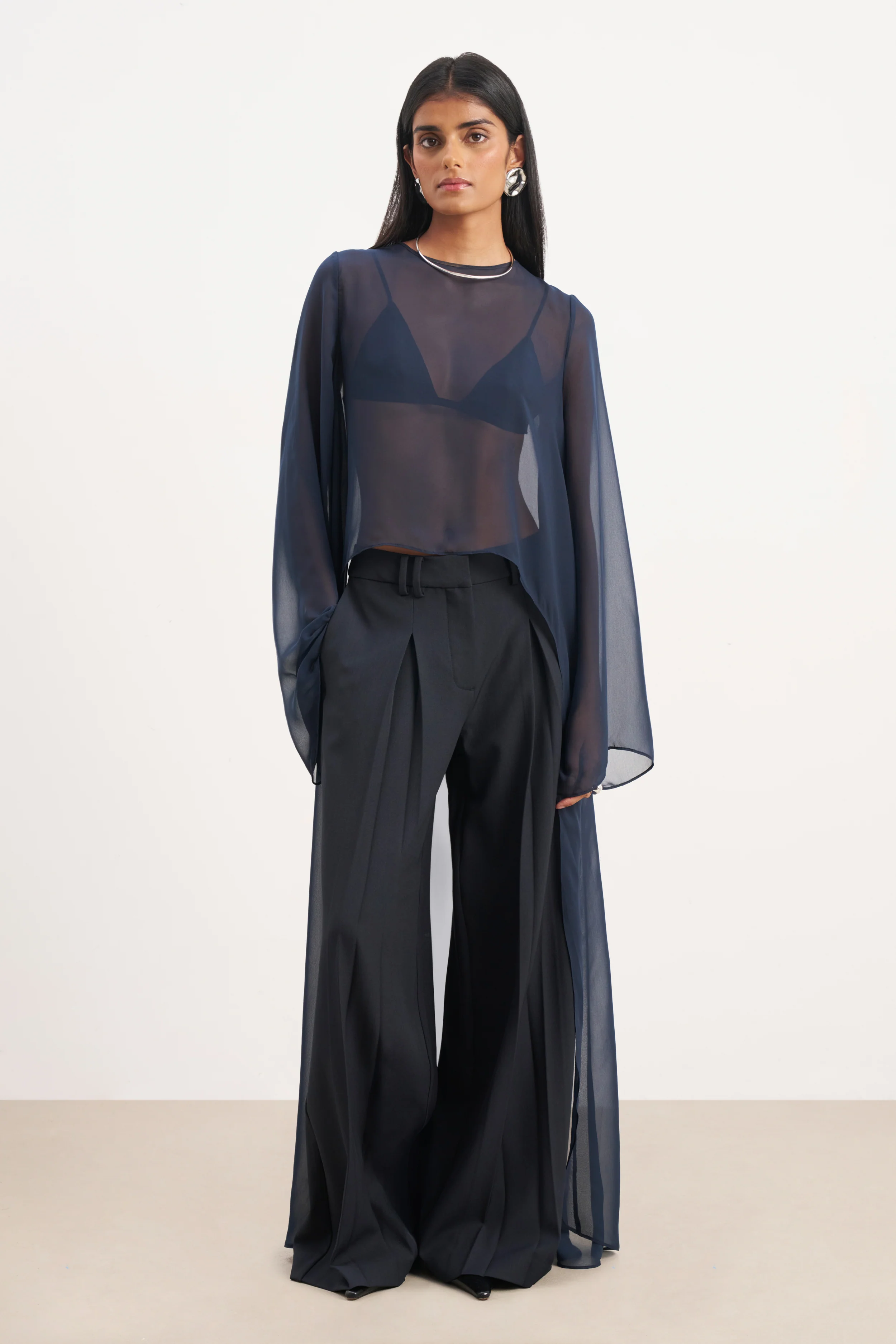 Sheer Chiffon Cape Blouse - Navy - Image 2