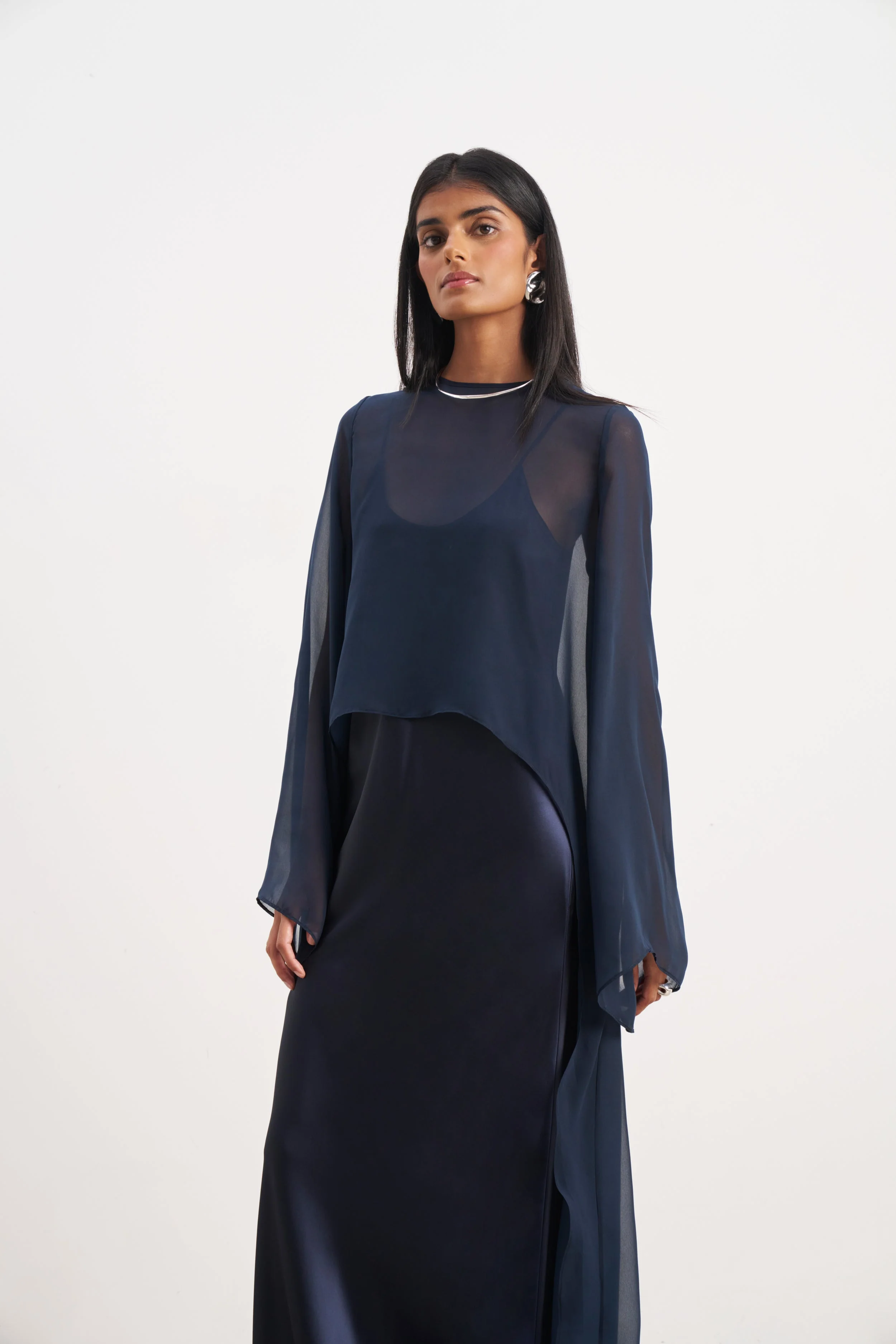 Sheer Chiffon Cape Blouse - Navy - Image 3