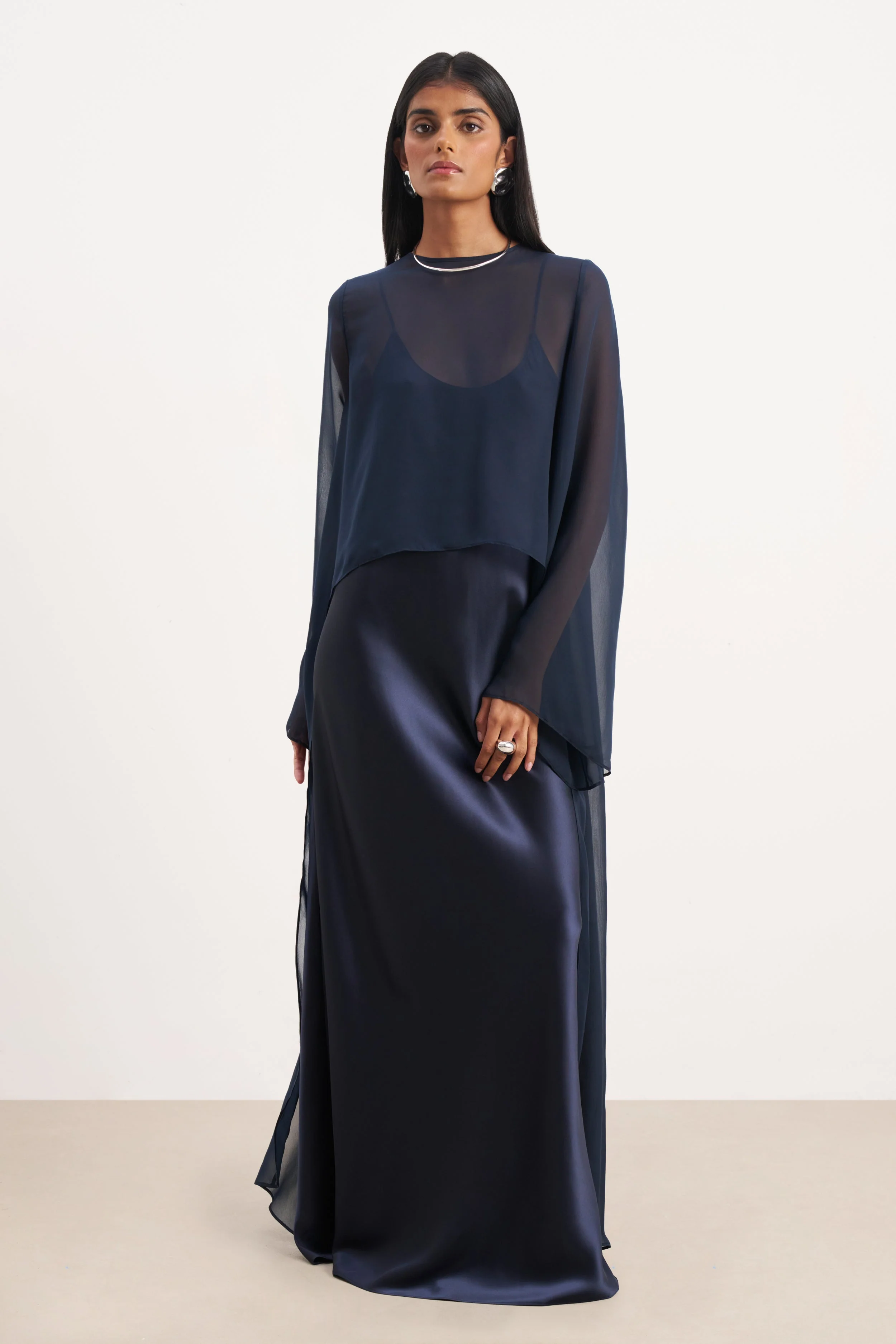 Sheer Chiffon Cape Blouse - Navy - Image 4