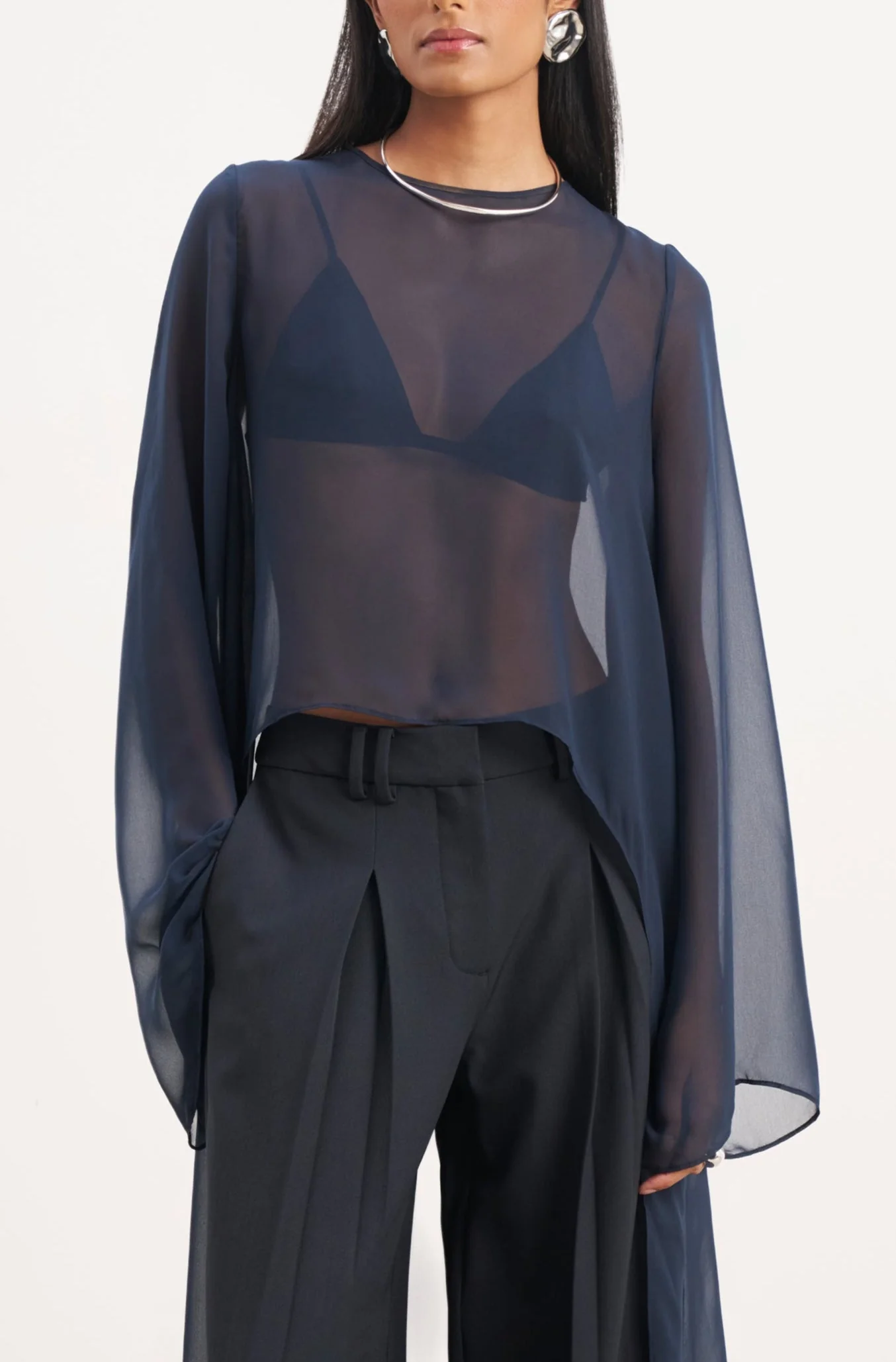 Sheer Chiffon Cape Blouse - Navy - Image 5